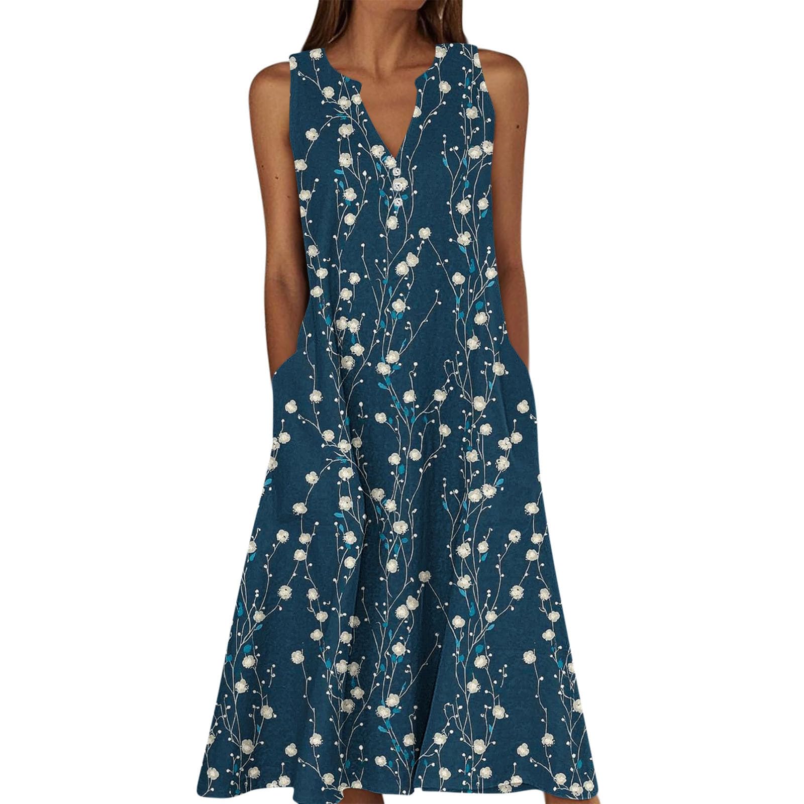 Summer Floral Print Midi Dresses for Women Boho Sleeveless V Neck Tank Dress Beach Vacation Sundress with Pockets — view 22
