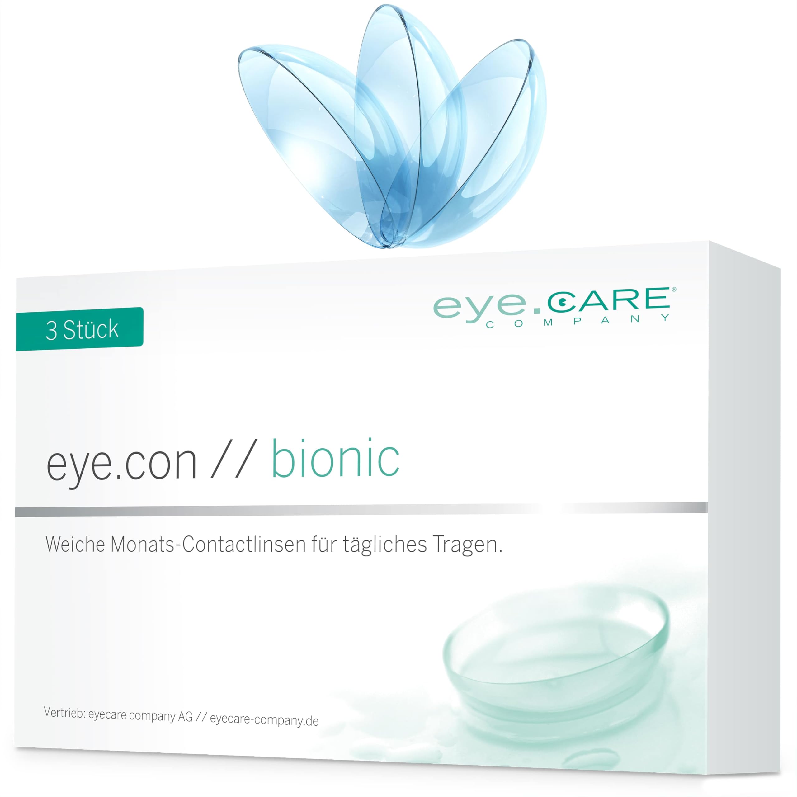 Eye.Con Bionic weiche Monatslinsen aus Bio-Hydrogel mit UV-Schutz – 3 Kontaktlinsen mit hoher Wasserbindung speziell für trockene Augen. Contact Lenses mit schonendem Randprofil für empfindliche Augen