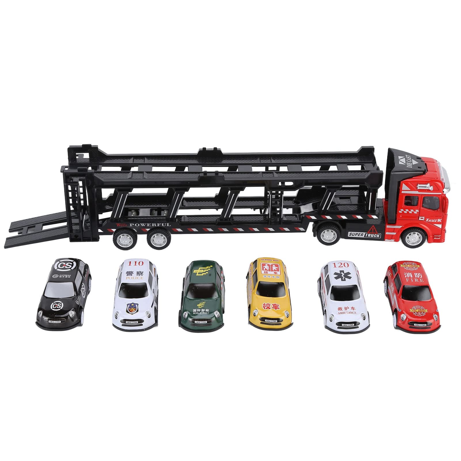 Alloy Transporter Simulation Truck Model Toy with 6 Small Cars for Collection and Play, Rubber Wheels for Smooth Movement Suitable for Children (Red)