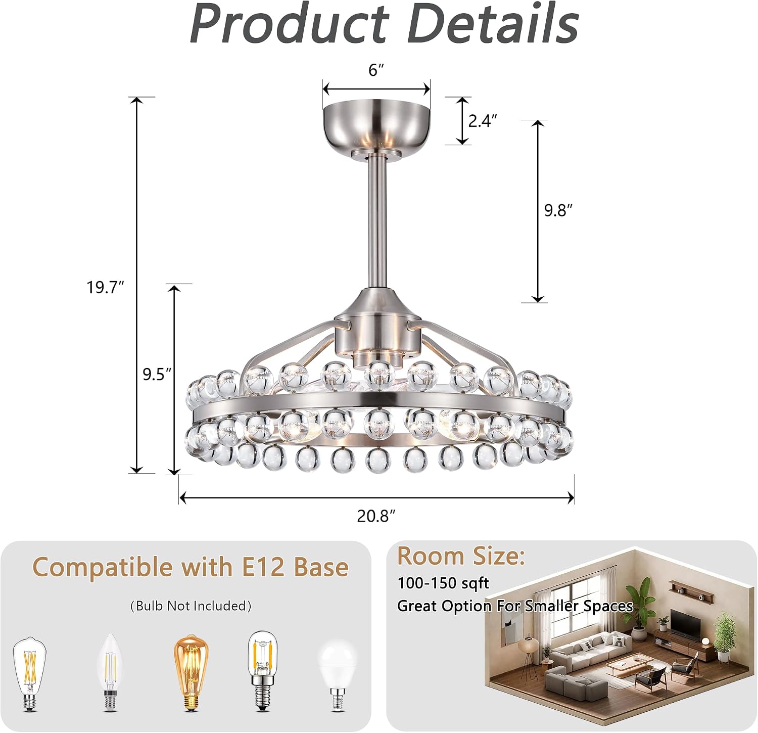 Maxax 21" Crystal Ceiling Fans with Lights and Remote,Modern Caged Ceiling Fan with Light,Nickel Flush Mount Ceiling Fan with Reversible 7 Blades 6 Speeds for Bedroom Dining Room Kitchen
