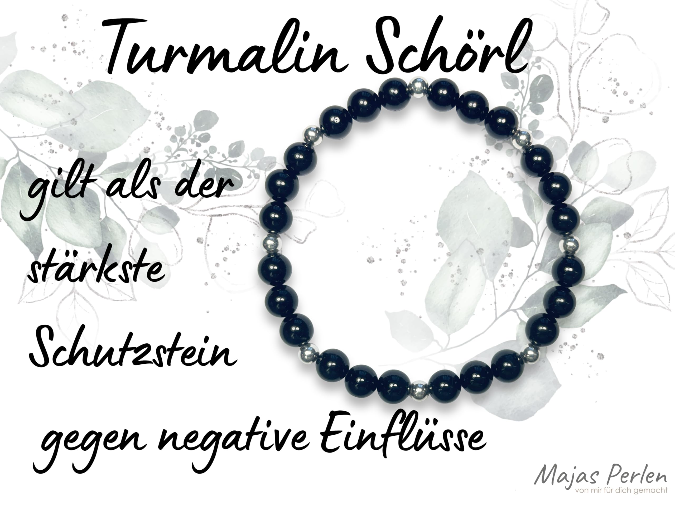 Turmalin Armband Perlen echt 6mm mit Edelstahlperlen 4mm Silber Gold Roségold oder Ionisiert - Handmade Perlenarmband Schwarz Schutz Kraft Stärke - Spiritueller Schmuck Unisex