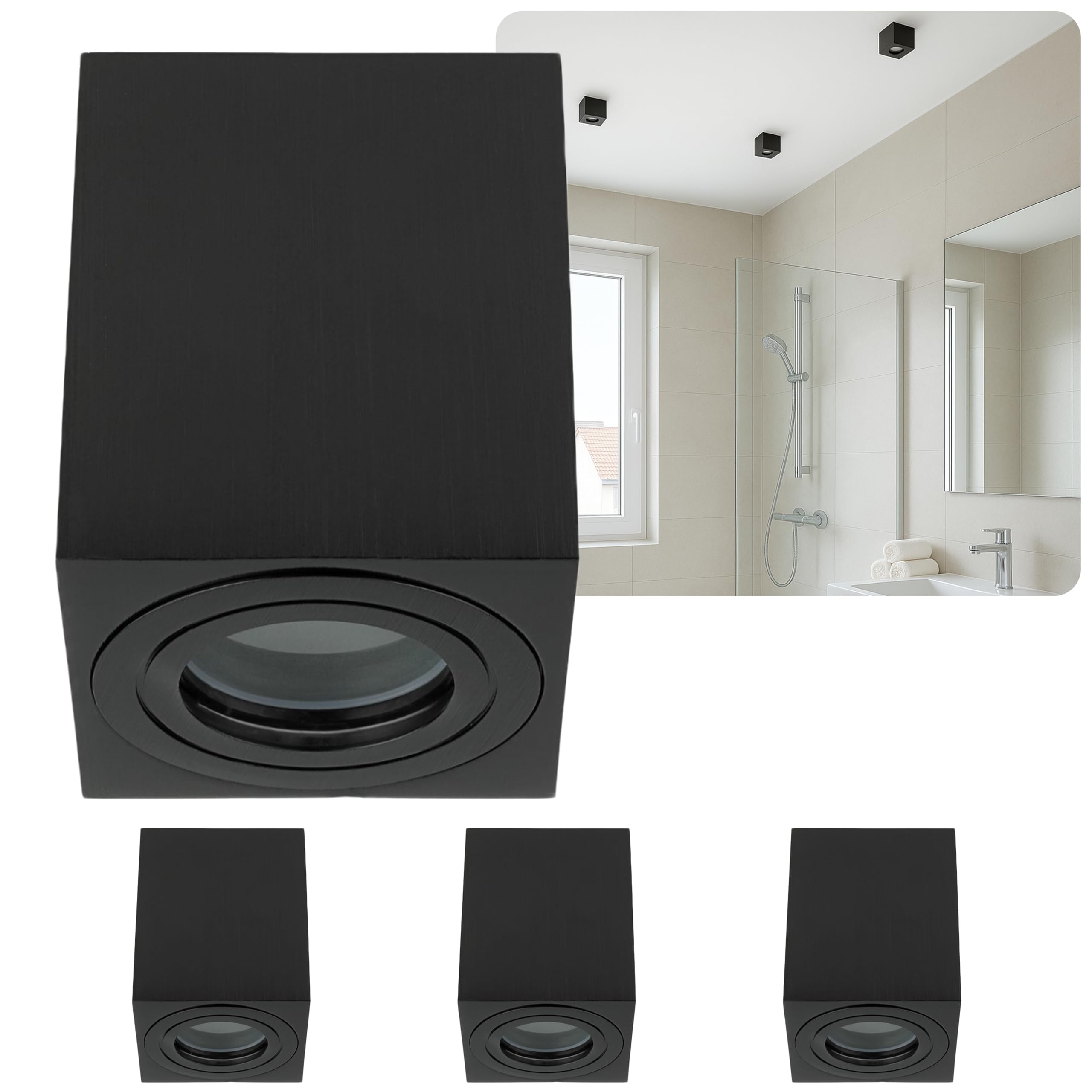 Sweet Led 4er Set Aufbauspot GU10 IP44 eckig schwarz gebürstet – Spots Deckenleuchte für Bad und Feuchtraum geeignet, Aufbaustrahler aus Aluminium 230V, Deckenspots Aufputz ohne Leuchtmittel