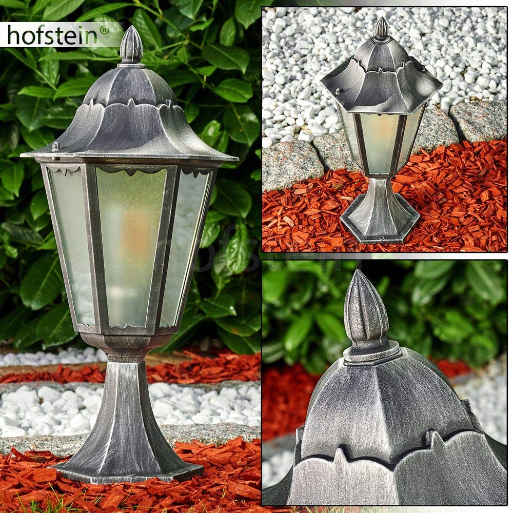 Borne extérieure Lignac, potelet vintage en aluminium moulé noir/argenté et verres dépolis de 74 cm de haut, luminaire pour une ampoule E27, IP44, ampoule(s) non incluse(s)