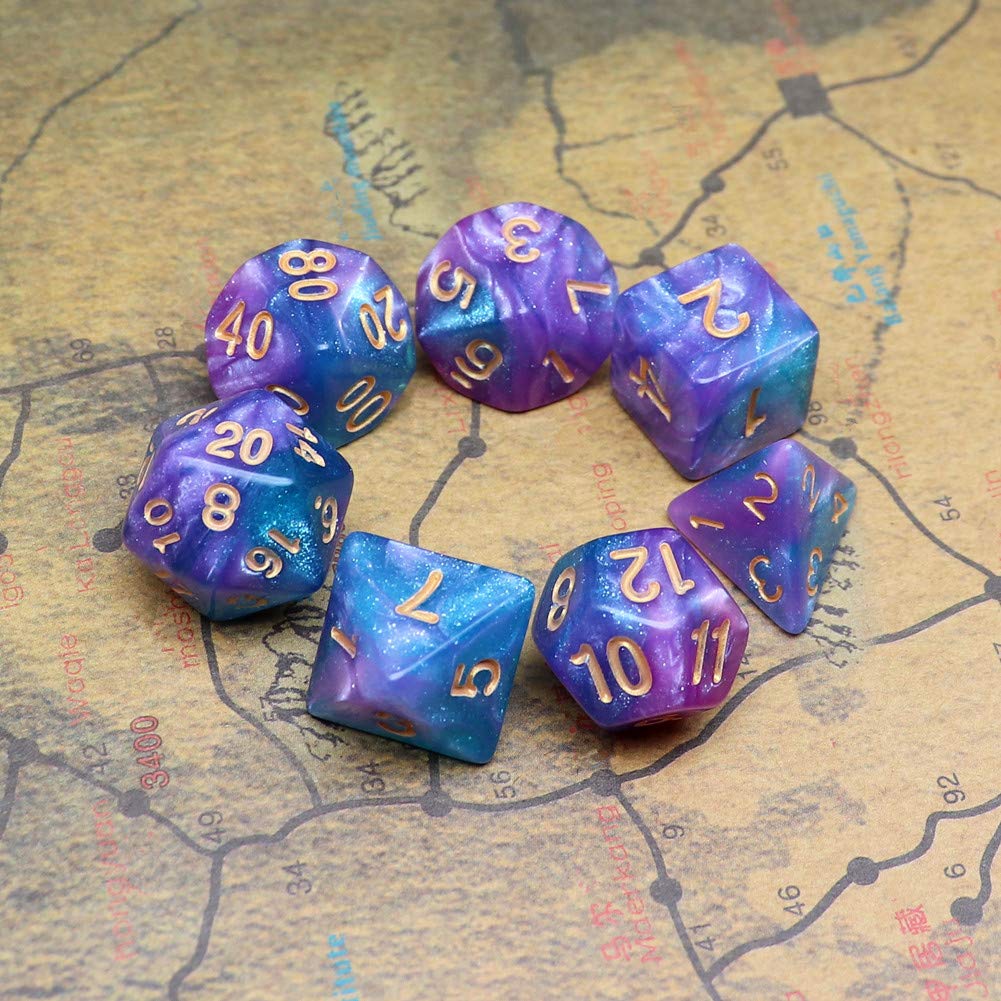 DND - Dados Poliédricos Azul y Morado con Purpurina para Dungeon and Dragons D&D, Juego de Rol y Mesa