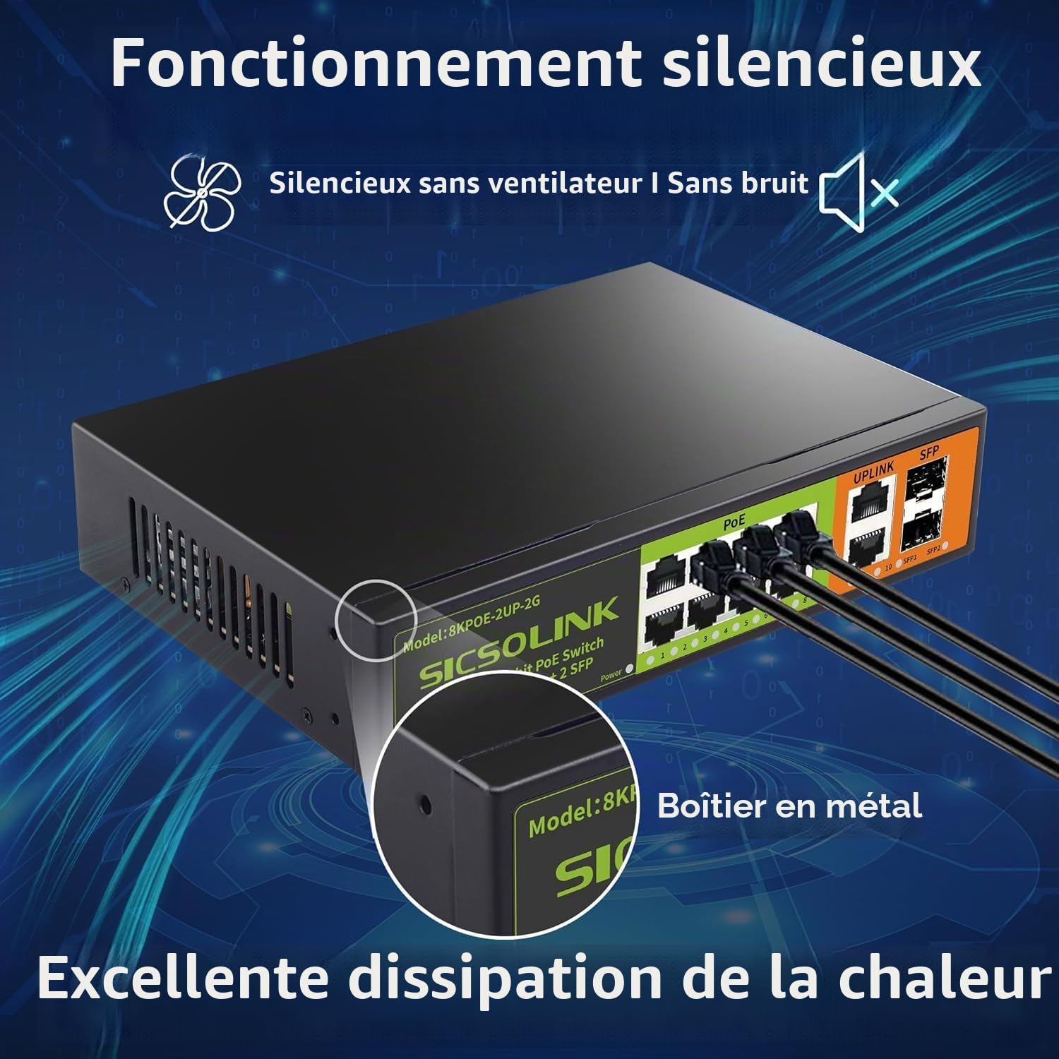 Commutateur PoE+ Gigabit 8 Ports avec 2 Ports de Lien Amont et 2 Ports SFP, Commutateur Réseau Non Géré Ethernet PoE 1000Mbps, 120W, Plug & Play, Adapté pour AP et Caméra de Surveillance PoE
