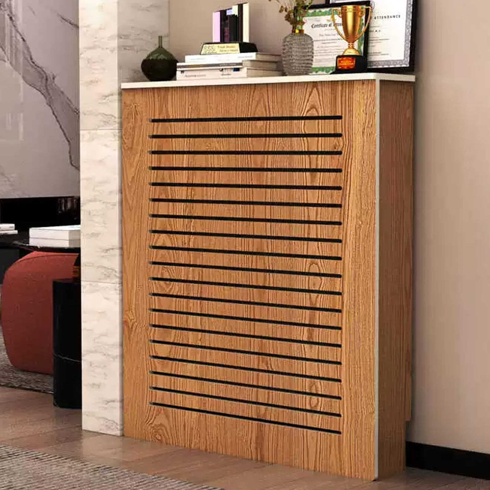 Detive drewniana osłona grzejnika, wentylowana szafka grzewcza do salonu i sypialni, stylowy brązowy design (90 x 80 x 18 cm) - oszczędność miejsca rozwiązanie akcentujące do domu