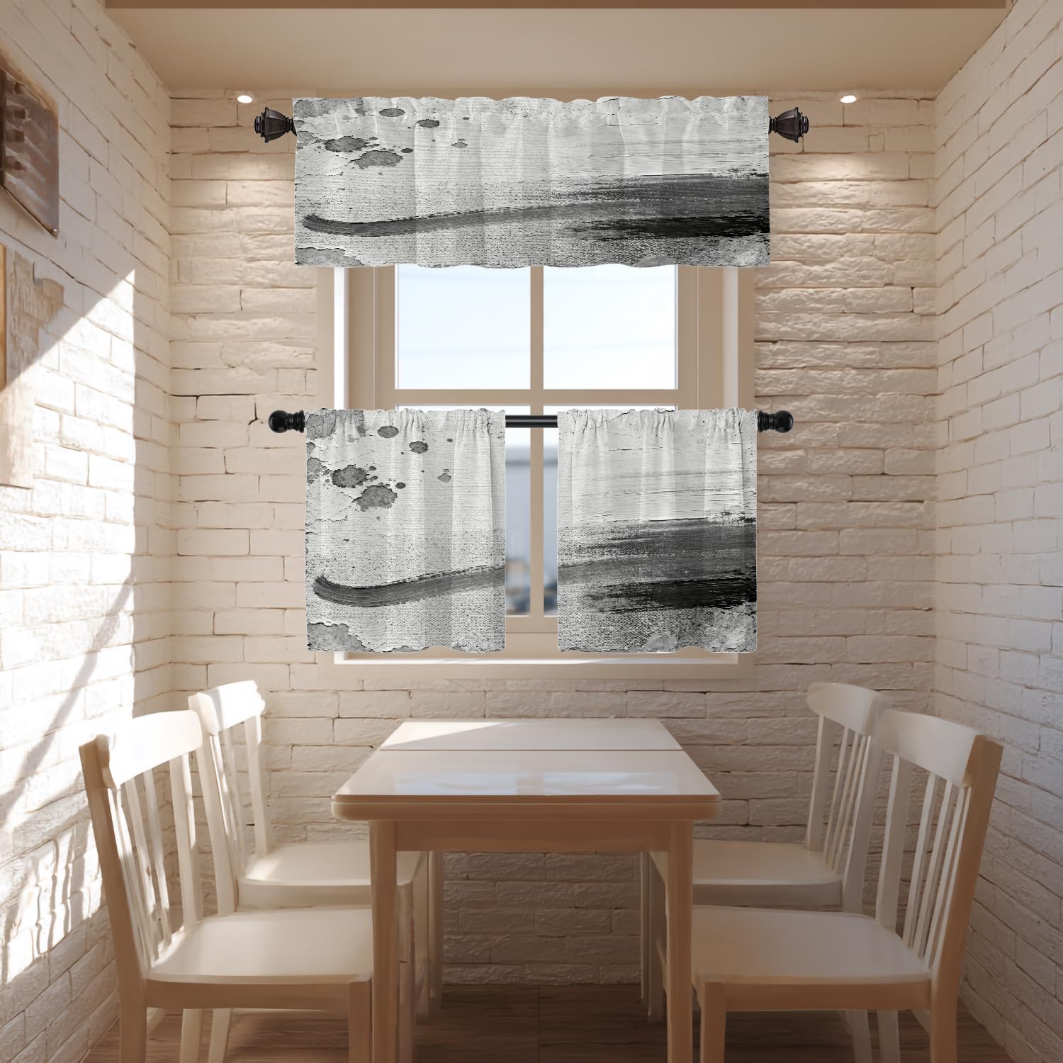 Rideau de cantonnière de Cuisine Gris Abstrait Noir - Style Rustique - Marron Froid et Gris Brique - Décoration Murale occultante - pour Cuisine, Chambre à Coucher