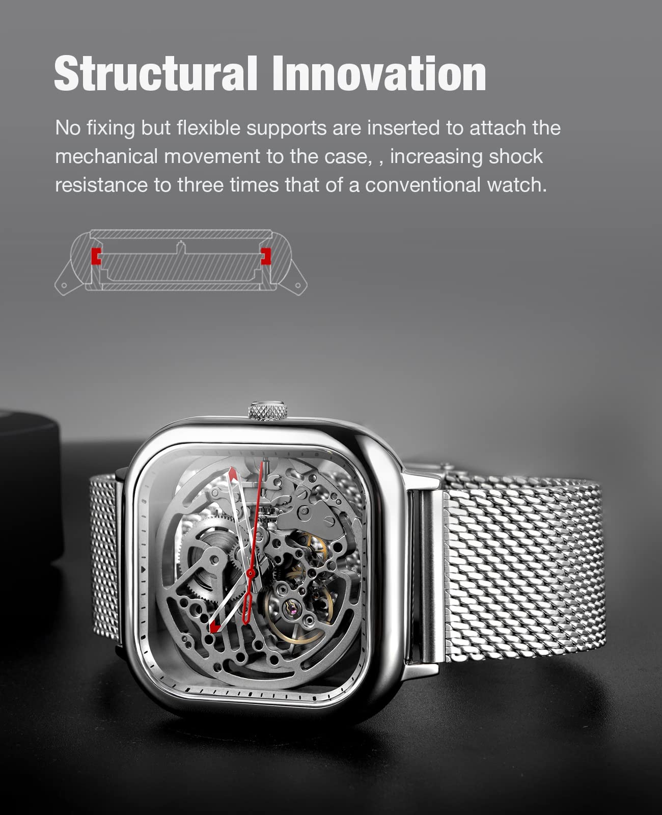 CIGA Design Orologio Automatico Meccanico Uomo/Donna 40mm – Scheletrato Quadrato in Nero e Argento, Cinturino Milanese & Pelle – Stile Moderno, Regalo Elegante