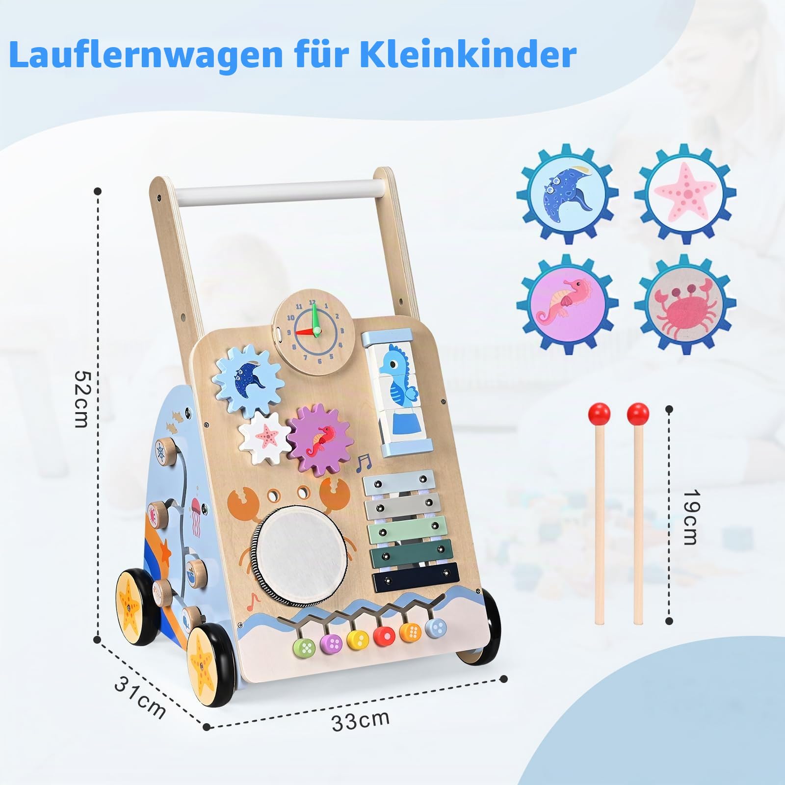 Lauflernwagen Holz 8 In 1 Verwendung für Kinder Ab 3–9 Monaten, Multifunktion Lauflernhilfe Baby mit & Rädern & Bauklötzen für Die Früherziehung Geschenk Geeignet
