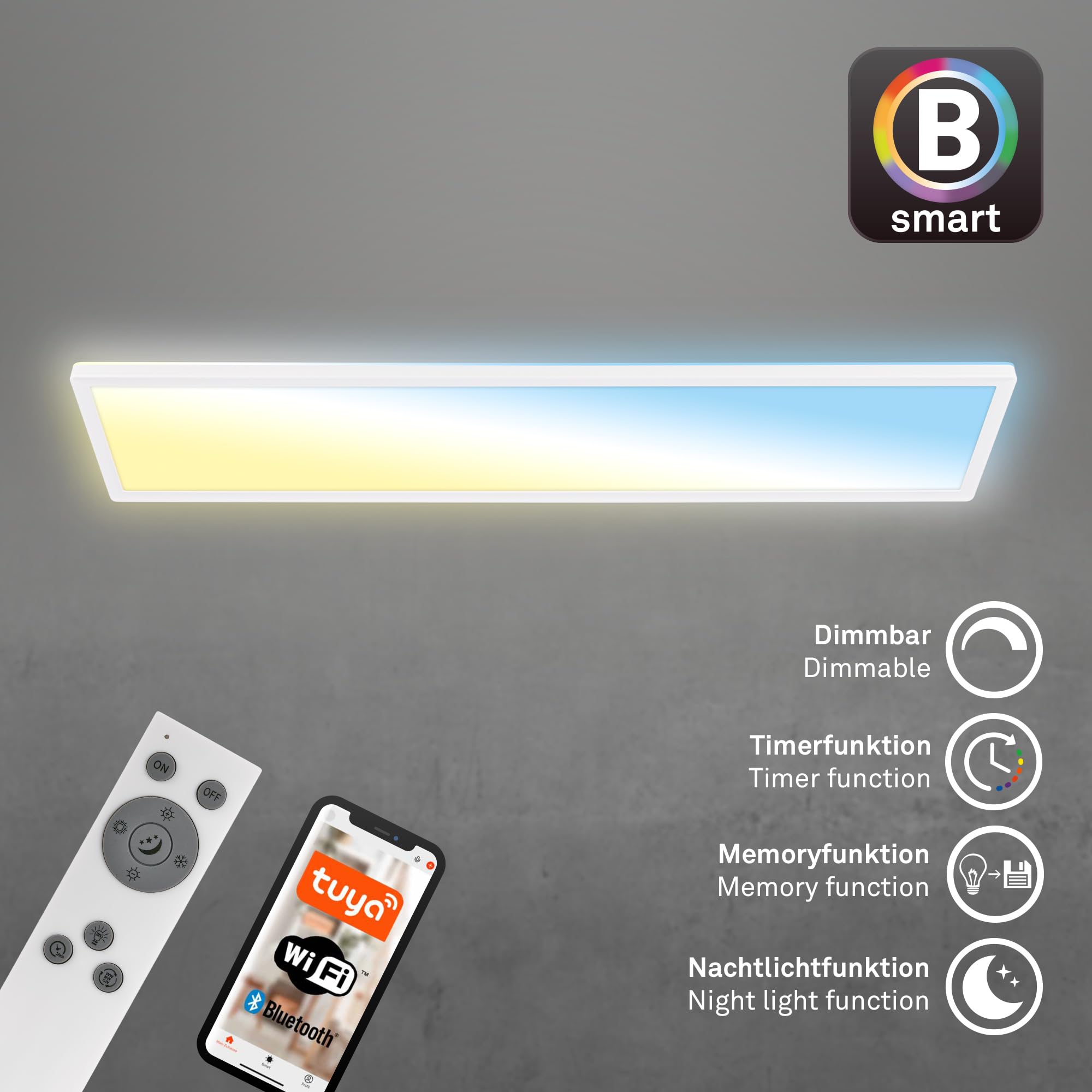 BRILONER - LED Deckenlampe 98cm flach Smart Home, funktioniert mit Alexa, Fernbedienung, Lampe, Deckenleuchte, Wohnzimmerlampe, LED Panel, Küchenlampe, Schlafzimmerlampe, 98x20x3 cm, Weiß
