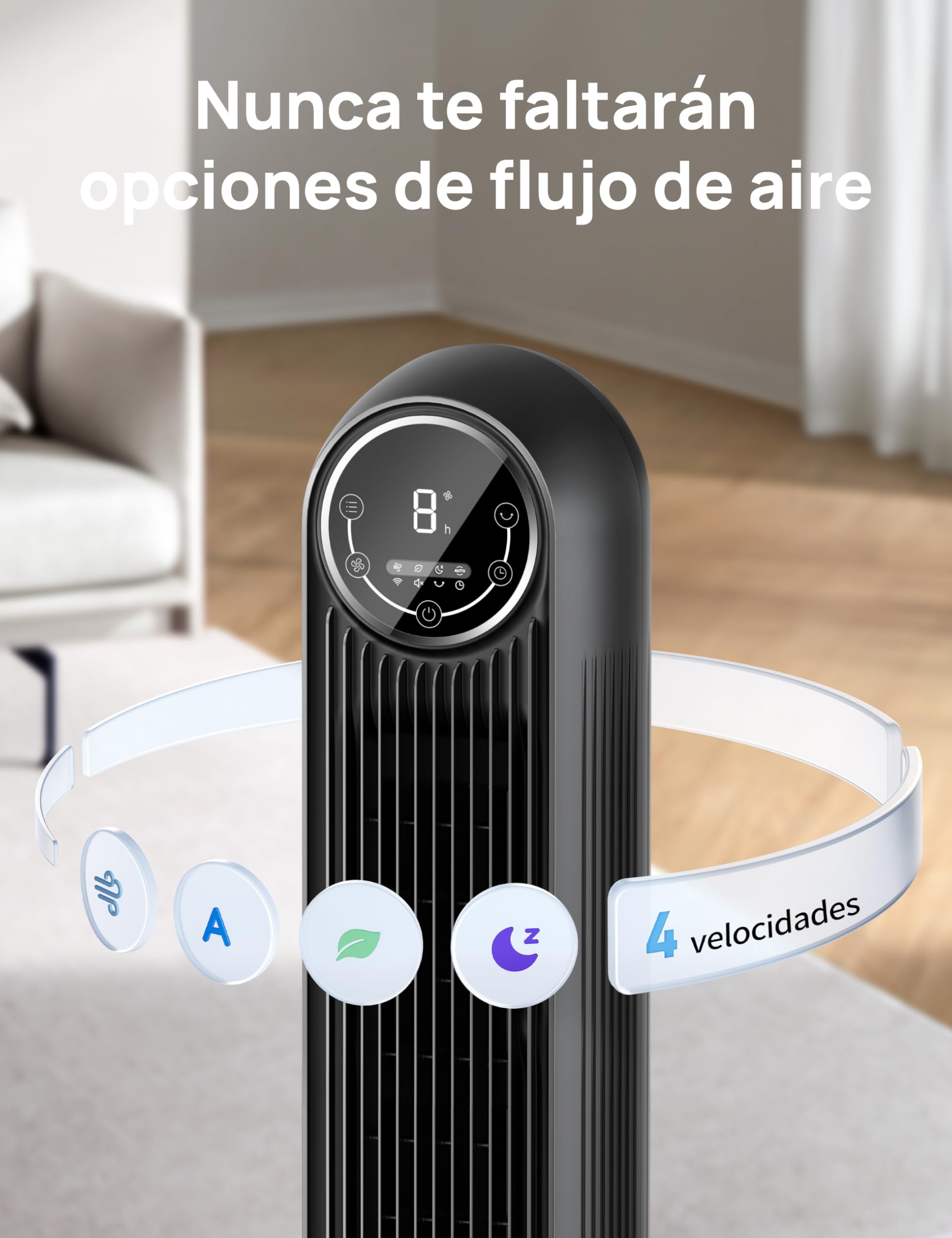 Dreo ventilador de pie silencioso, ventilador de torre con velocidad de 7,6 m/s, 4 velocidades, rotación de 90°, temporizador de 8 horas, pantalla LED y mando a distancia incluido. negro. Alexa — view 6