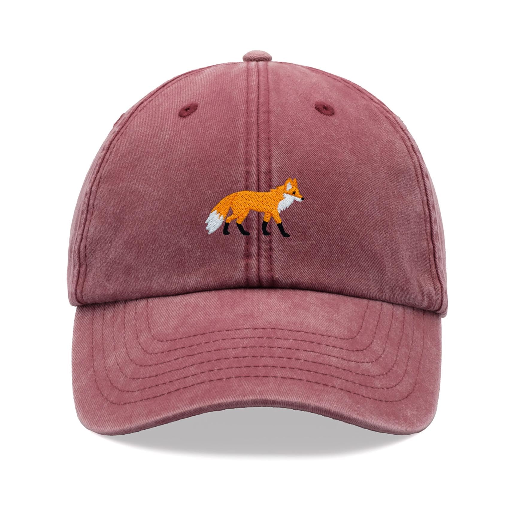 Fox Baseball Cap Vintage Washed Unisex Dad Hat Adjustable Red