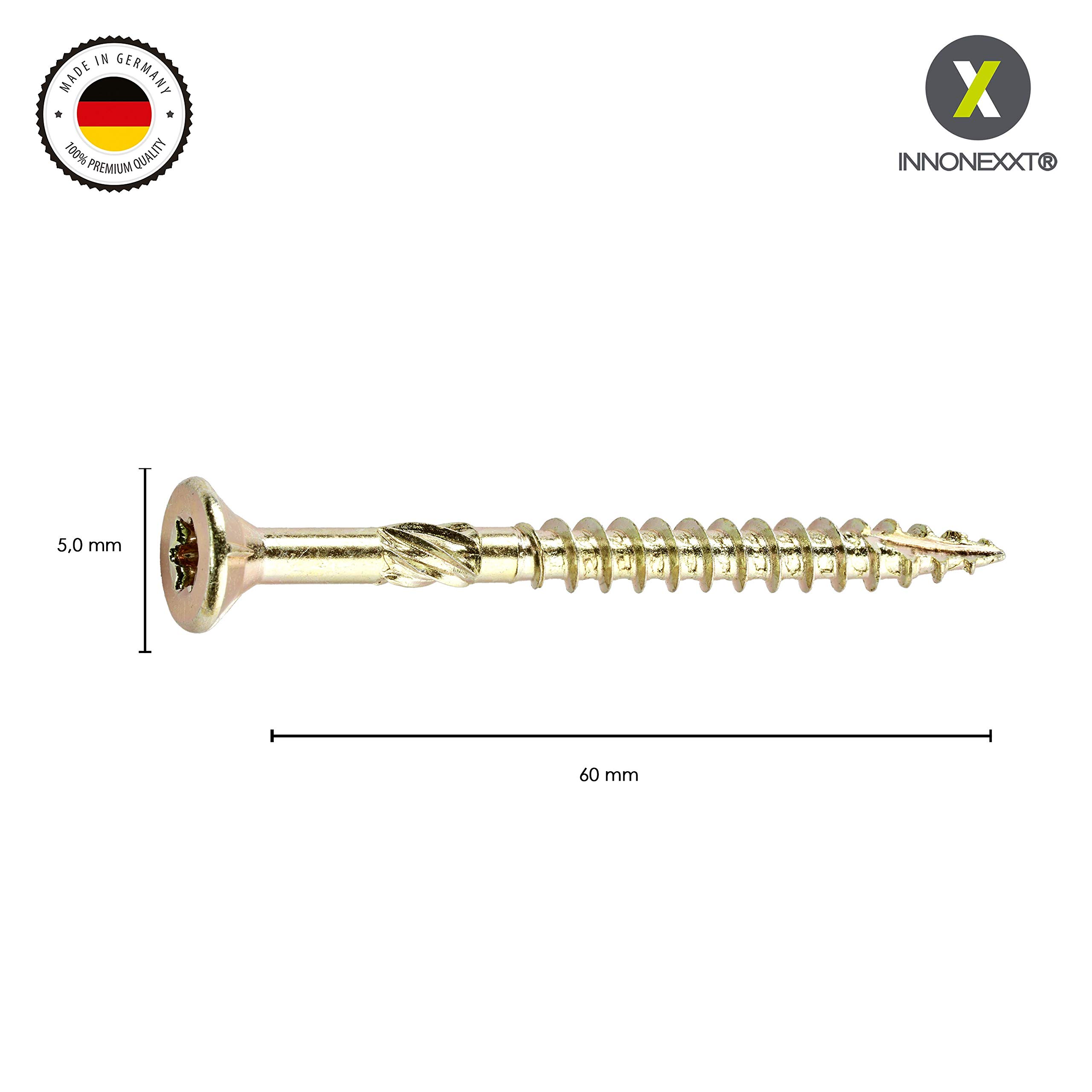 Premium Spanplattenschrauben | 5,0 x 60 mm | Fräsrippen | Cut-Spitze | Terrassenschrauben, Holzschrauben, Universalschrauben | gelb verzinkt | Made in Germany | 500 Stück | Innenvielzahn