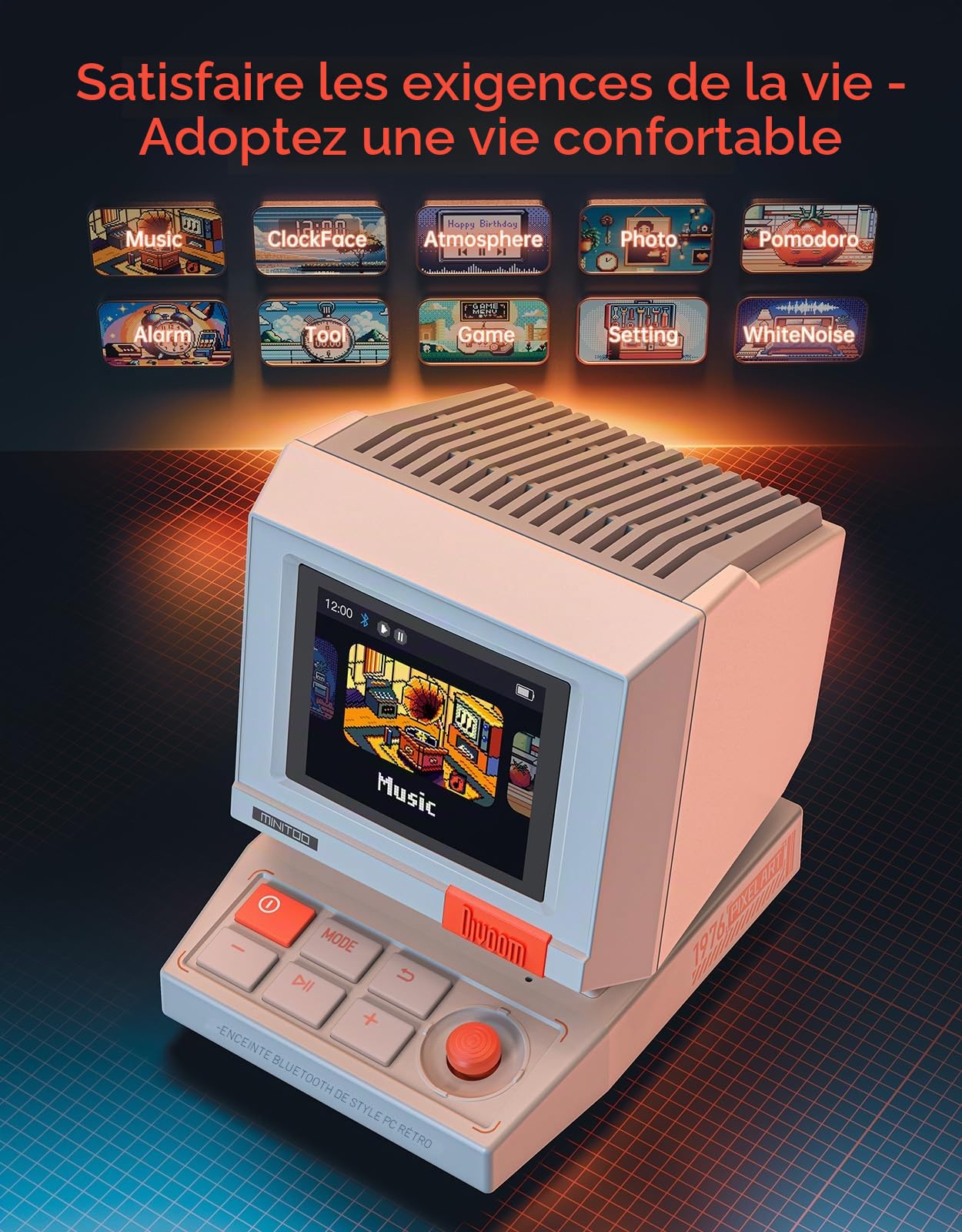 Divoom Minitoo Enceinte Bluetooth Pixel Art, réveil, au Style Mini PC rétro