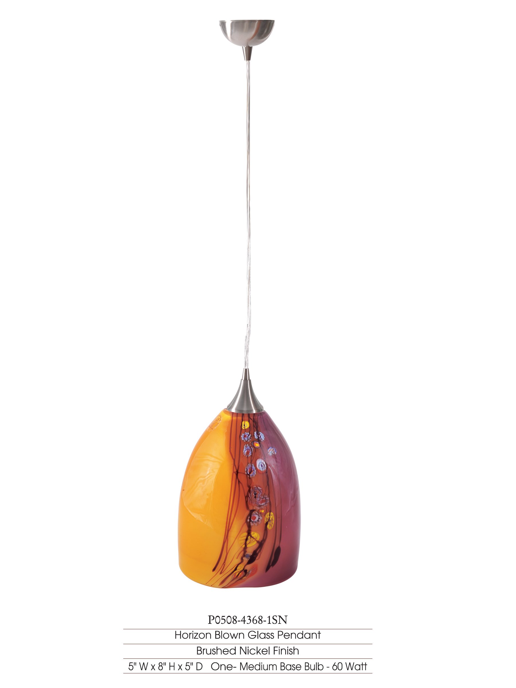 Viz Glass P0508-4368-1SN Horizon Blown Glass Pendant, Brushed Nickel Finish