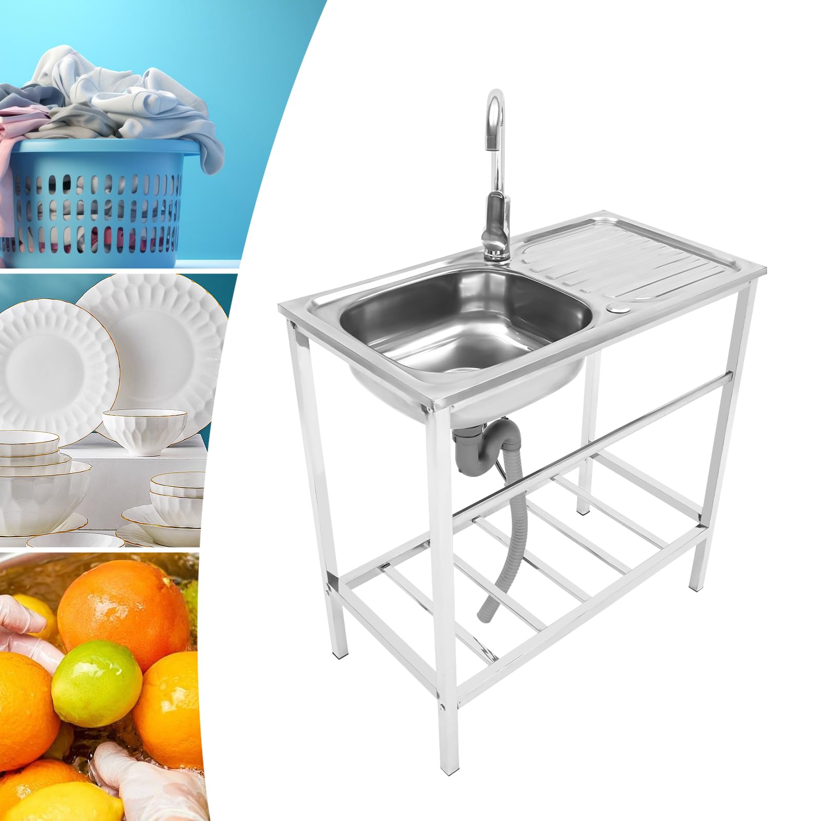 Mesa de acero inoxidable, fregadero gastronómico con armario inferior, fregadero comercial, fregadero de cocina, fregadero independiente con grifo, para exteriores, interior, restaurante, 75 x 40 x 76