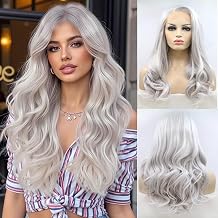 Platinum Grey Wigs for Women Long Wavy 13x4 Lace Front Wig | Silver Gray Synthetic Lace Front Wigs Heat Resistant Hair for Daily Party Cosplay Wear 26Inch