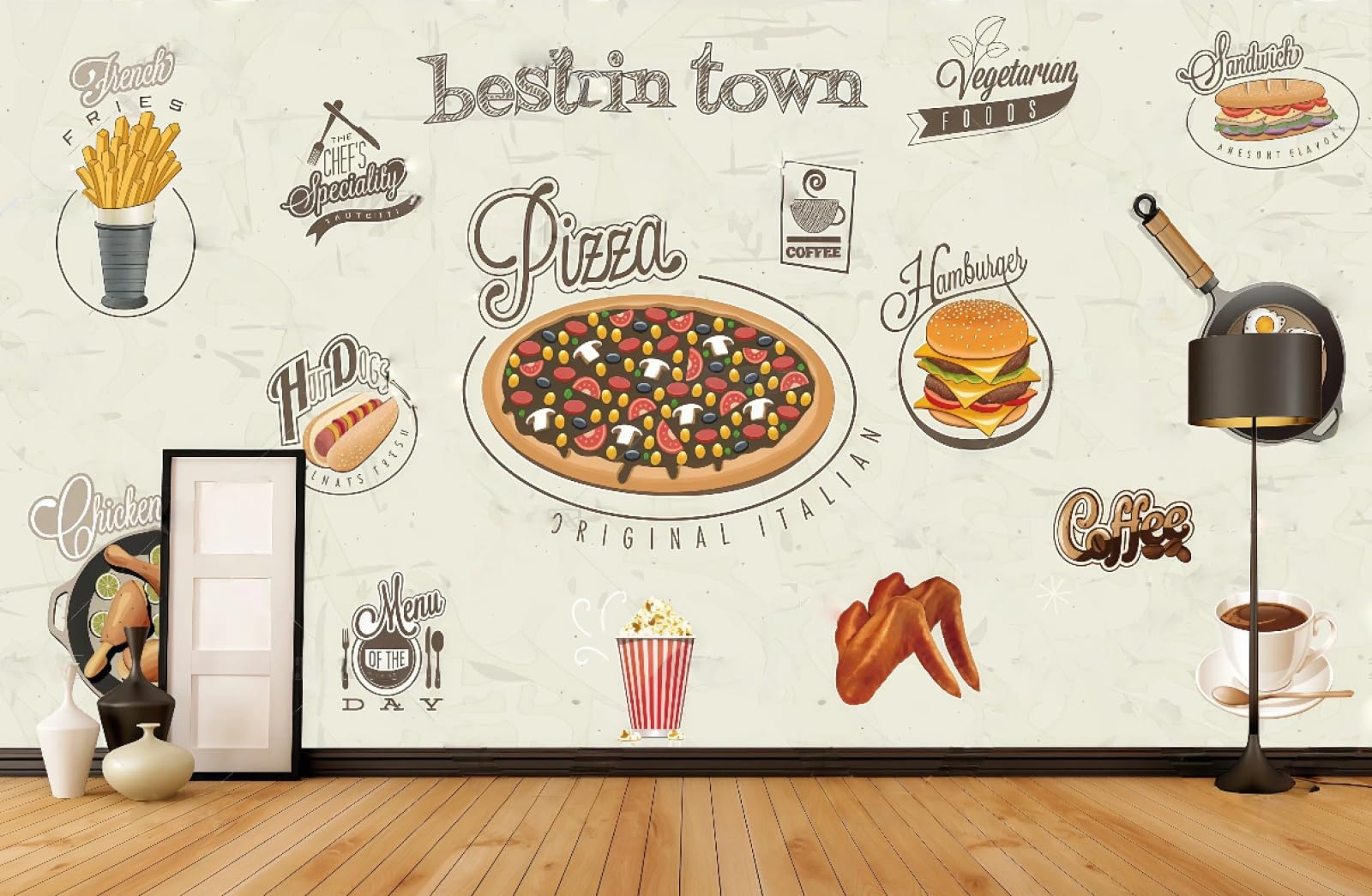 rskjdghshd Wallpaper Hand-Painted Delicious Fast Food Theme Burger Pizza Shop Western Restaurant Background Wall Mural Afternoon Tea Coffee Shop Wallpaper,3D,430x300cm