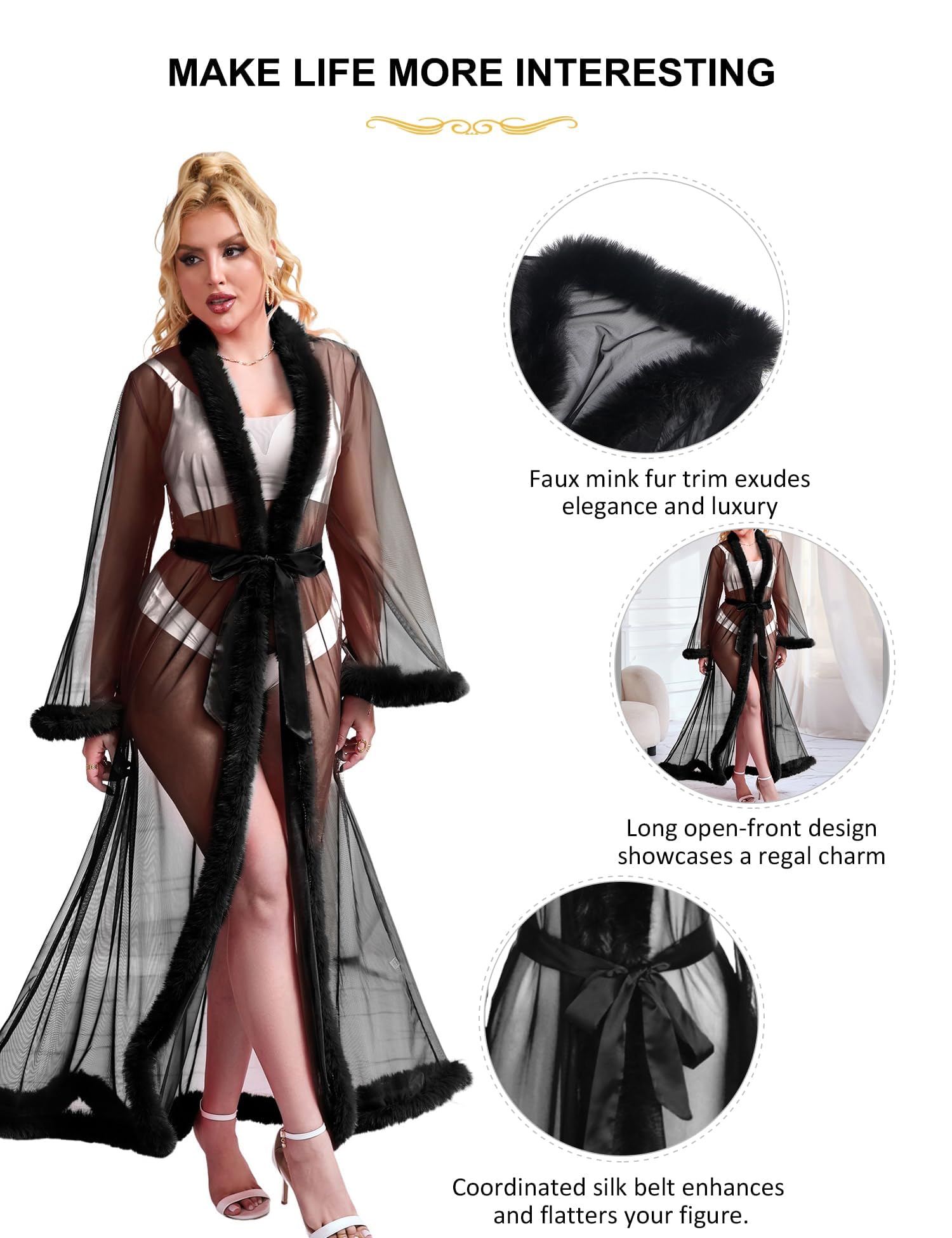 Damski szlafrok poranny, długi z piórami, futro maxi, duże rozmiary, dla pulchnych kobiet, seksowny szlafrok kimono, szlafrok kąpielowy, bielizna erotyczna, bielizna z paskiem,