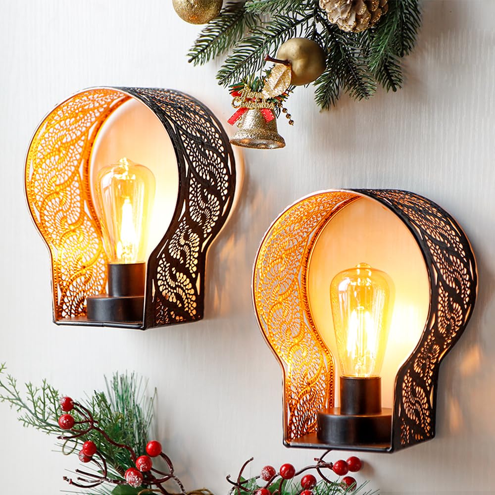 Set of 2 Battery Operated Lamp Unique Cordless Wall Sconce Metal Cage Wall Mount Lamp with 6-Hour Timer for Home Living Room Bedroom Kitchen Hallway Stairway