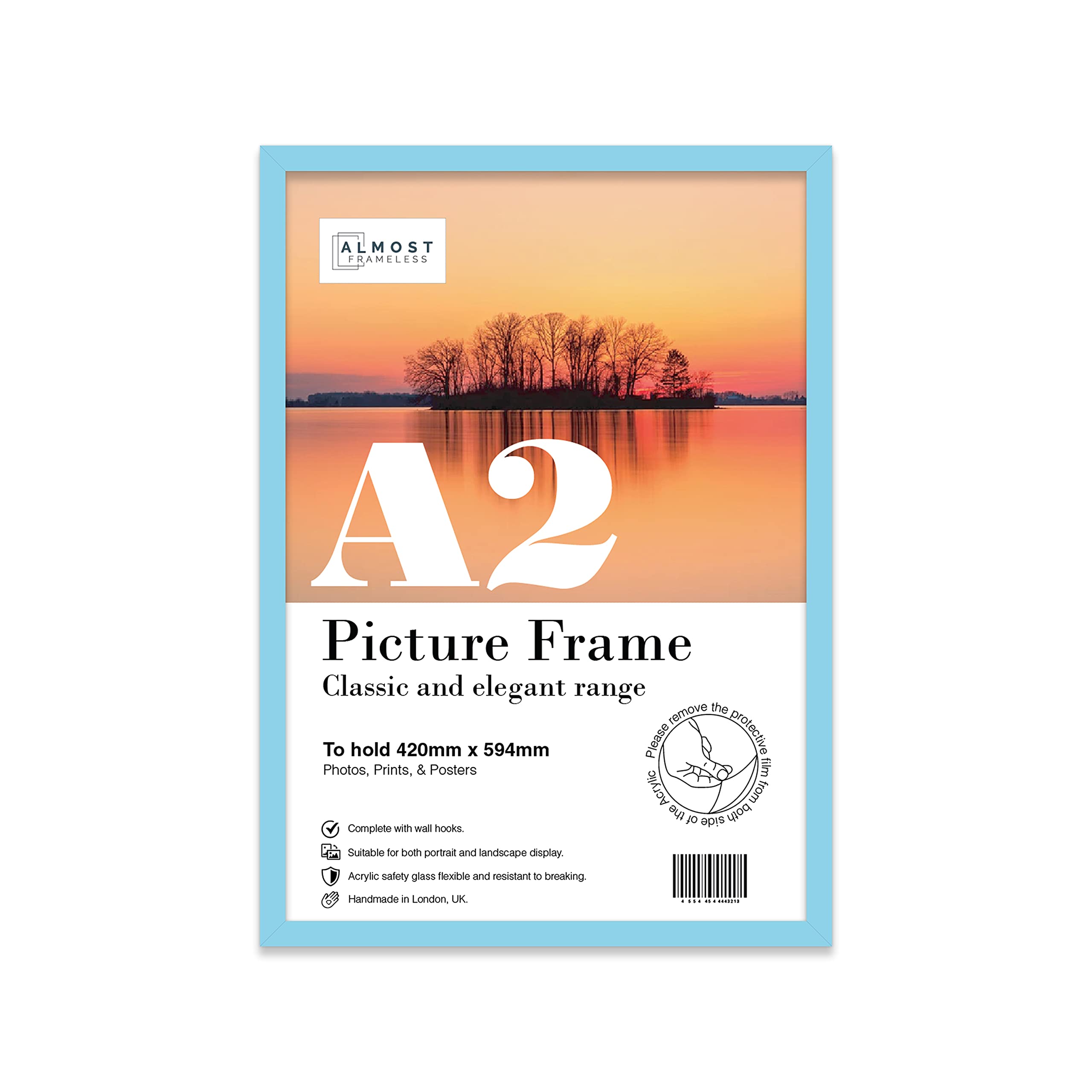 Almost Frameless Light Blue Picture A2 Frame, Fits A2 (42 X 59.4Cm - 16.5 X 23.4In) Poster, Photo, Or Print. Portrait And Horizontal Wall Hooks