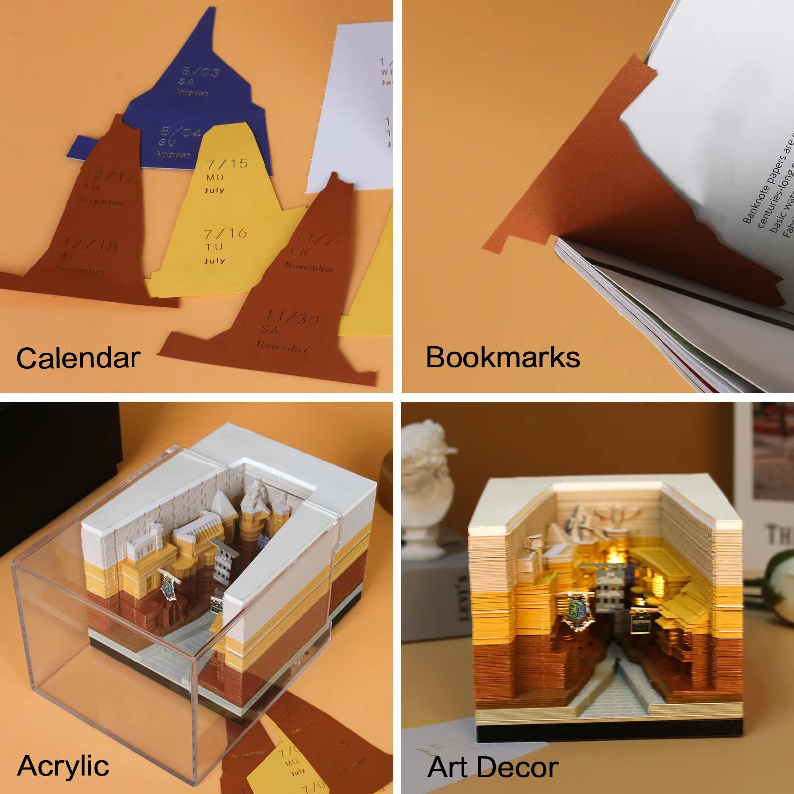 Kalendarz 3D 2026, kalendarz czasowy 2026 z notatnikiem, kreatywny papier 3D artystyczny kalendarz biurkowy z jasnym i akrylowym pudełkiem ekspozycyjnym, zrób to sam, ręcznie rozdarty papier, rzeźba