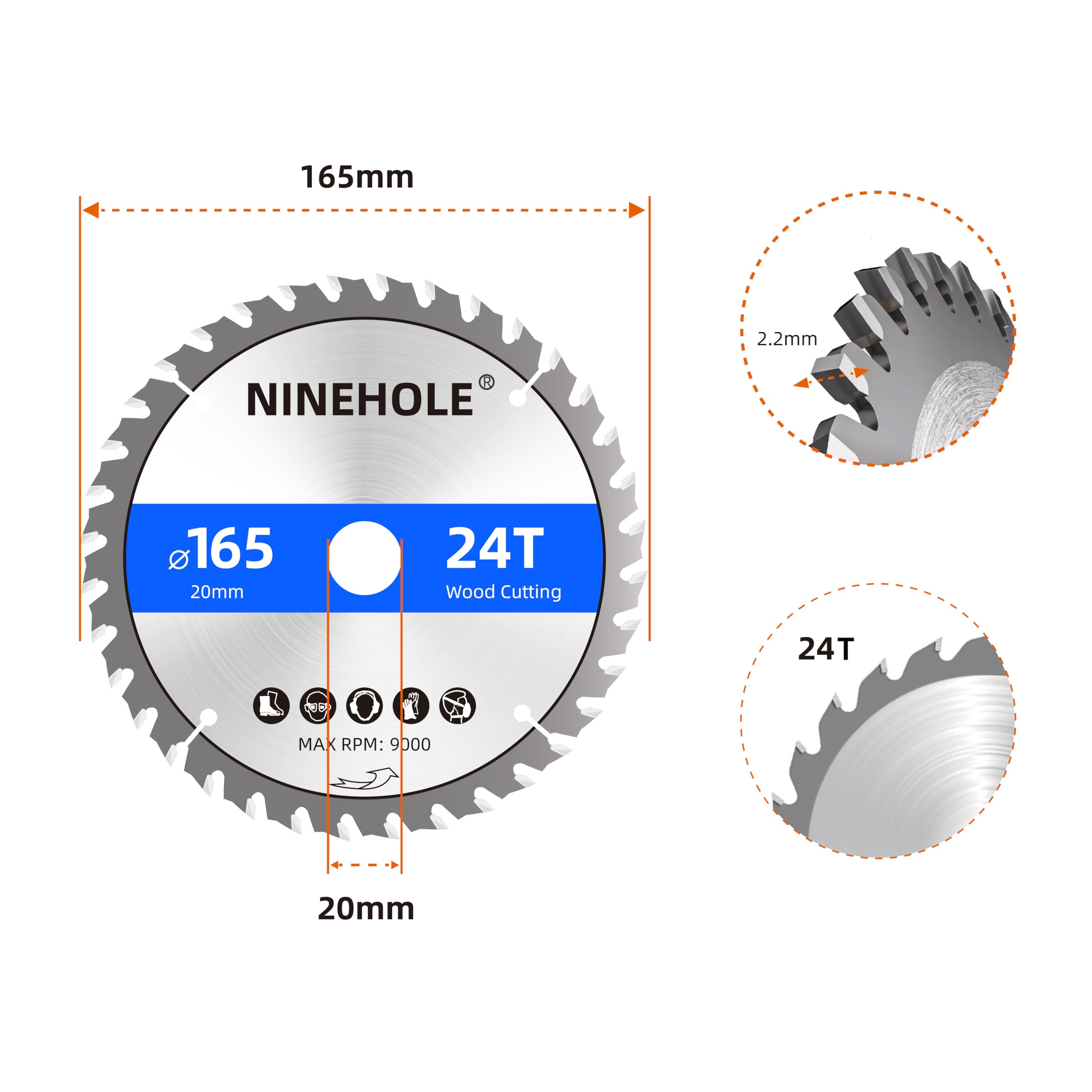 3 Lames de scie circulaire 165 x 20 mm (anneau 16 mm), 24/60/80 dents Coupes propres, Disque à Tronçonner pour Bois, Sèche, Stratifié, Cloison, Contreplaqué, Plastique
