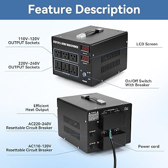 5000W Voltage Transformer Step Up/Down, 110V/220V Voltage Converter, Manual Rewiring Switch, Dual LCD Display, 6 Outlets, Resettable Circuit Breaker Protection for Home Industrial Overseas Use