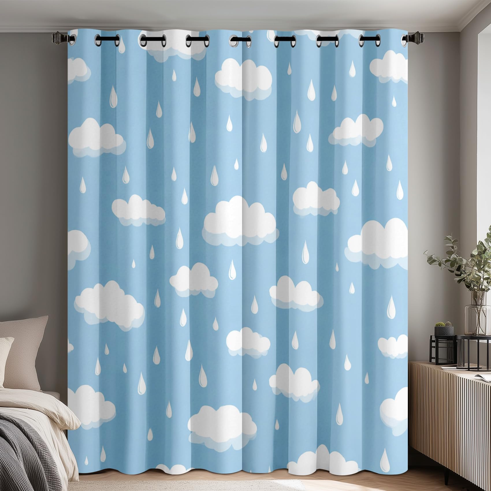 Générique Rideau Occultant Nuage, Decoration Chambre Salon, Rideaux Imprimé Motif Goutte Bleu Ciel, Lot de 2 Rideaux Thermiques à Oeillets, 75x166 cm (LxH)