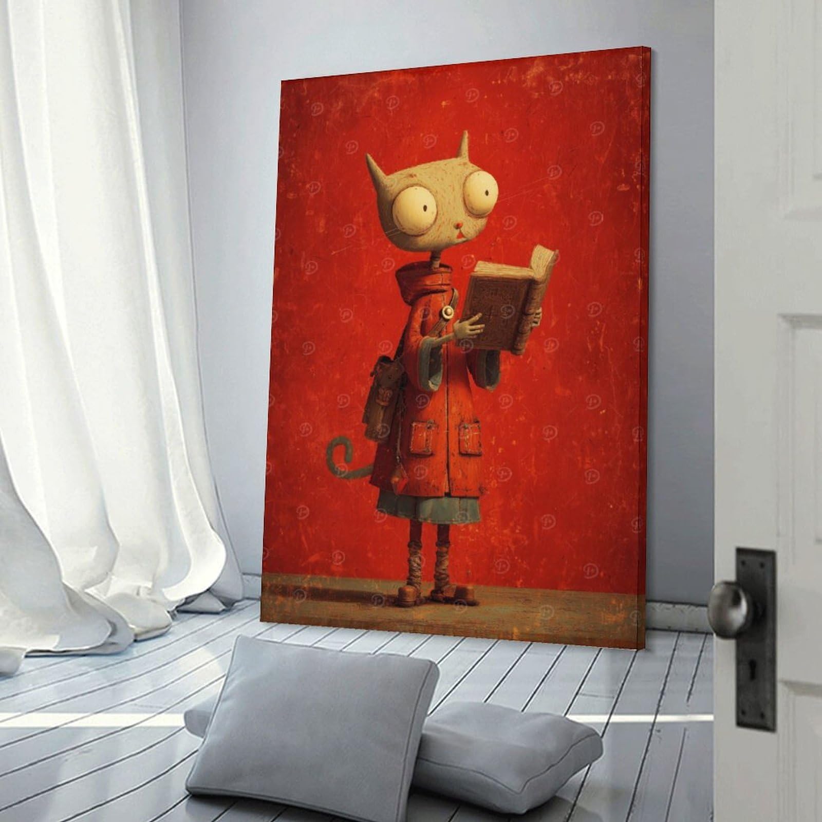 Junmoney Home Decor Wall Art Anthropomorphic Cat Reading A Book, 24x36inch(60x90cm), for New Homes, Bedrooms Or Workspaces, Decorative Present for New Homes