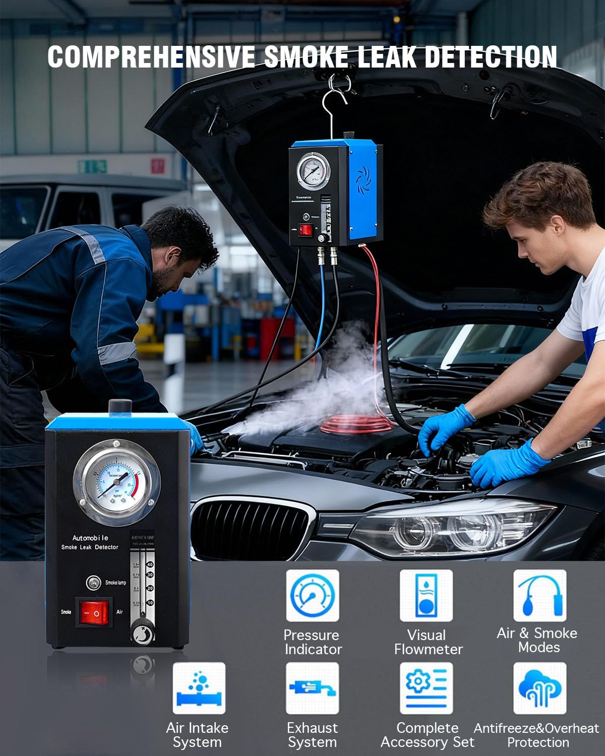 INCENDIOS KFZ Smoke Tester mit Manometer EVAP Rauchlecksuchgerät für Fahrzeuge, integrierte Luftpumpe 15L/min Durchflussmesser, Lecksuche für Kraftstoff- & Unterdrucksysteme, Rauchgenerator für DC 12V