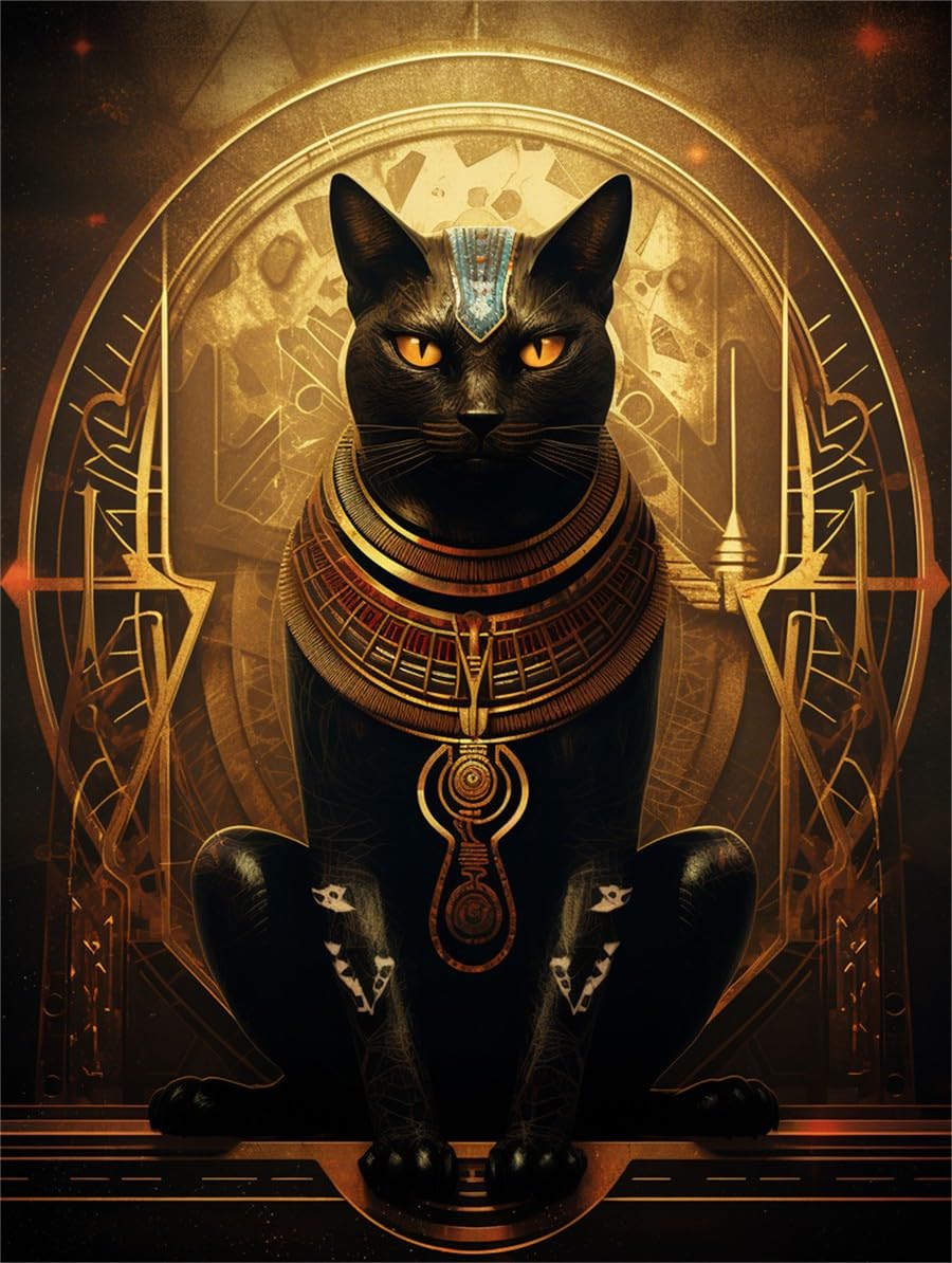 5D Diamond Art Kits Adults Egyptian Cat God 5D Diamond Painting Round Full Drill DIY Gifts Create Your Own Diamond Painting for Home Decor 50x70cm