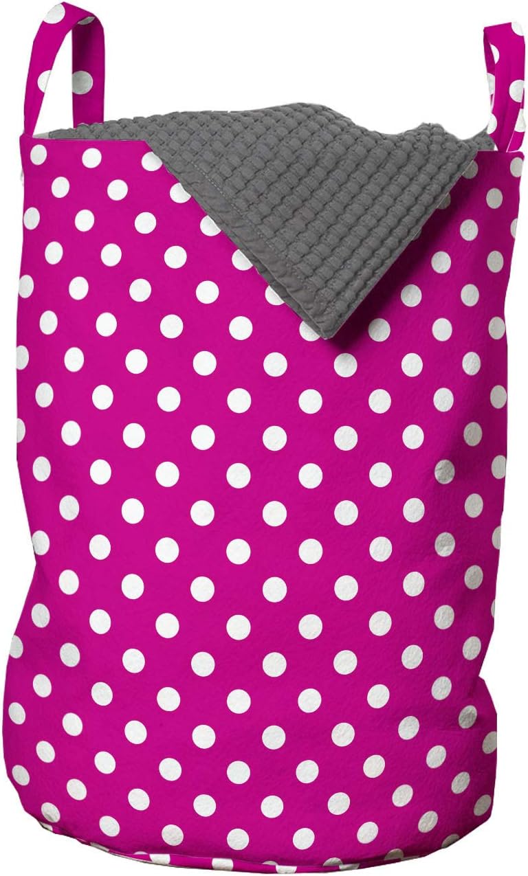 Lunarable Retro Laundry Bag, Vivid Vibrant Design Vintage Polka Dots Geometric 70s 60s Inspired Pattern, Hamper Basket with Handles Drawstring Closure for Laundromats, 13" x 19", Hot Pink and White