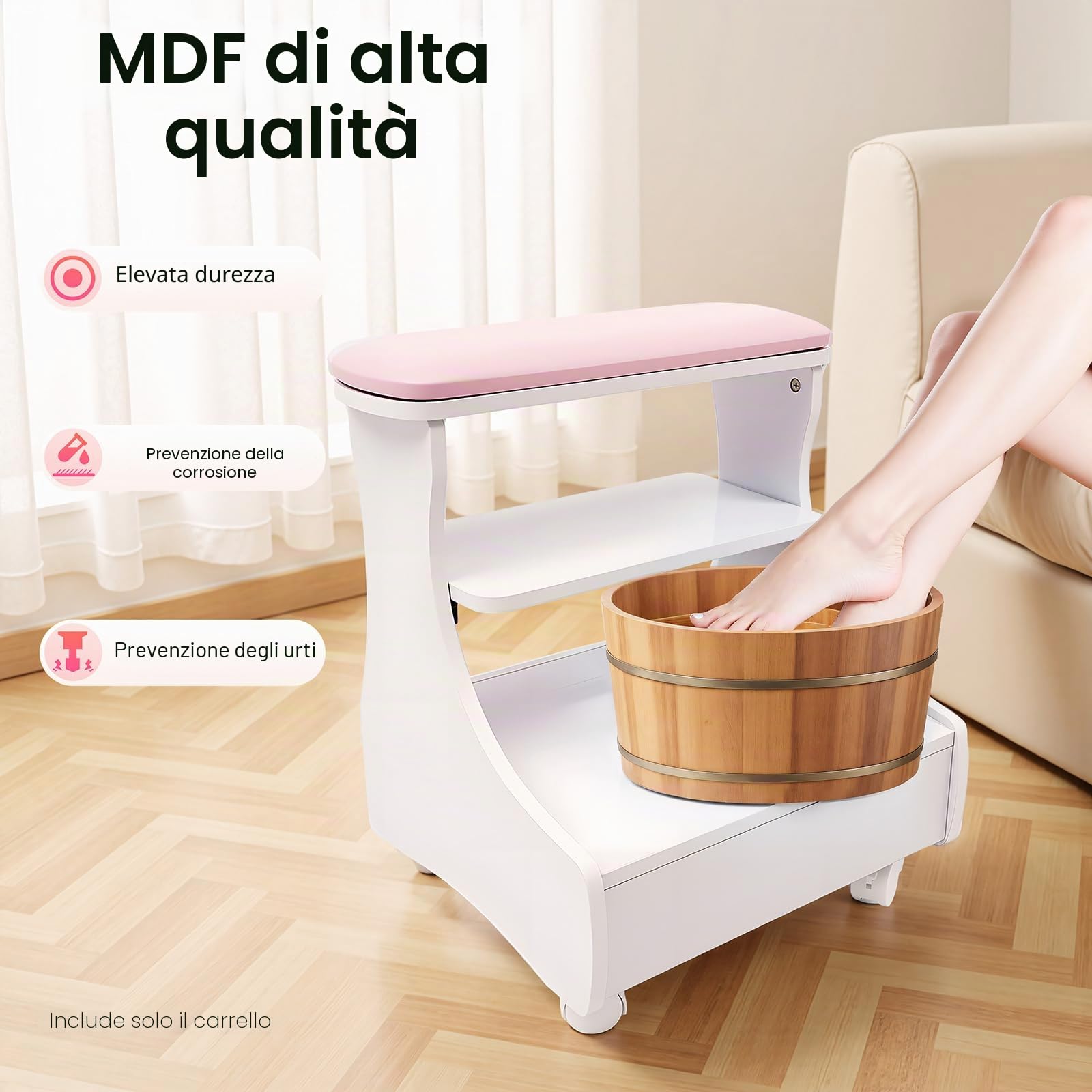Carrello per pedicure, mobile a rotelle per manicure e cura, sgabello a quattro ruote con vassoio e stoccaggio, con poggiapiedi, ideale per salone di bellezza, spa e uso domestico