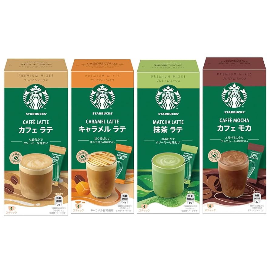 スターバックス　プレミアムミックス　抹茶　カフェラテ　キャラメルラテホワイトモカ Amazon.co.jp: スターバックス プレミアムミックス 4種アソート