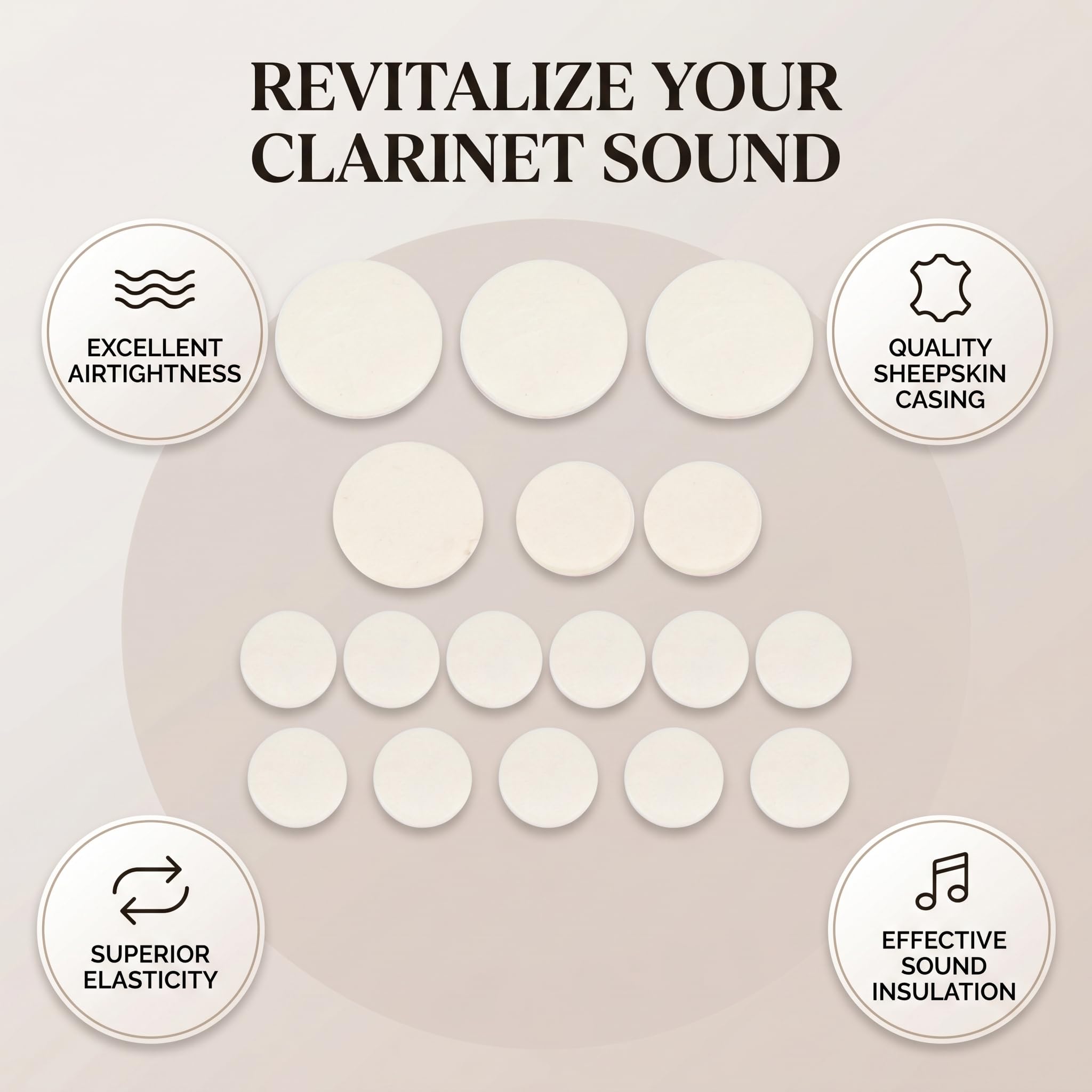 17 Pezzi Cuscinetti per Clarinetto in Pelle di Pecora, Guarnizioni per Fori con Tenuta d'Aria (3×17.23mm/1×16mm/2×12.2mm/11×10mm) - Accessori per Riparazione