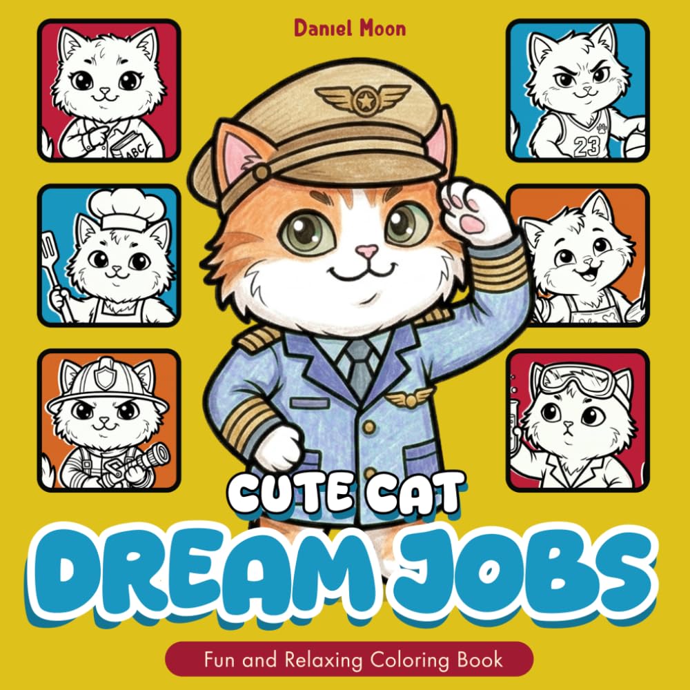 Cute Cat Dream Jobs: Fun and Relaxing Coloring Book about Cats, Careers, Jobs, Role Play, for Kids and Teens | 30 coloring Pages | Gift for Vacations, Holidays, and Birthday