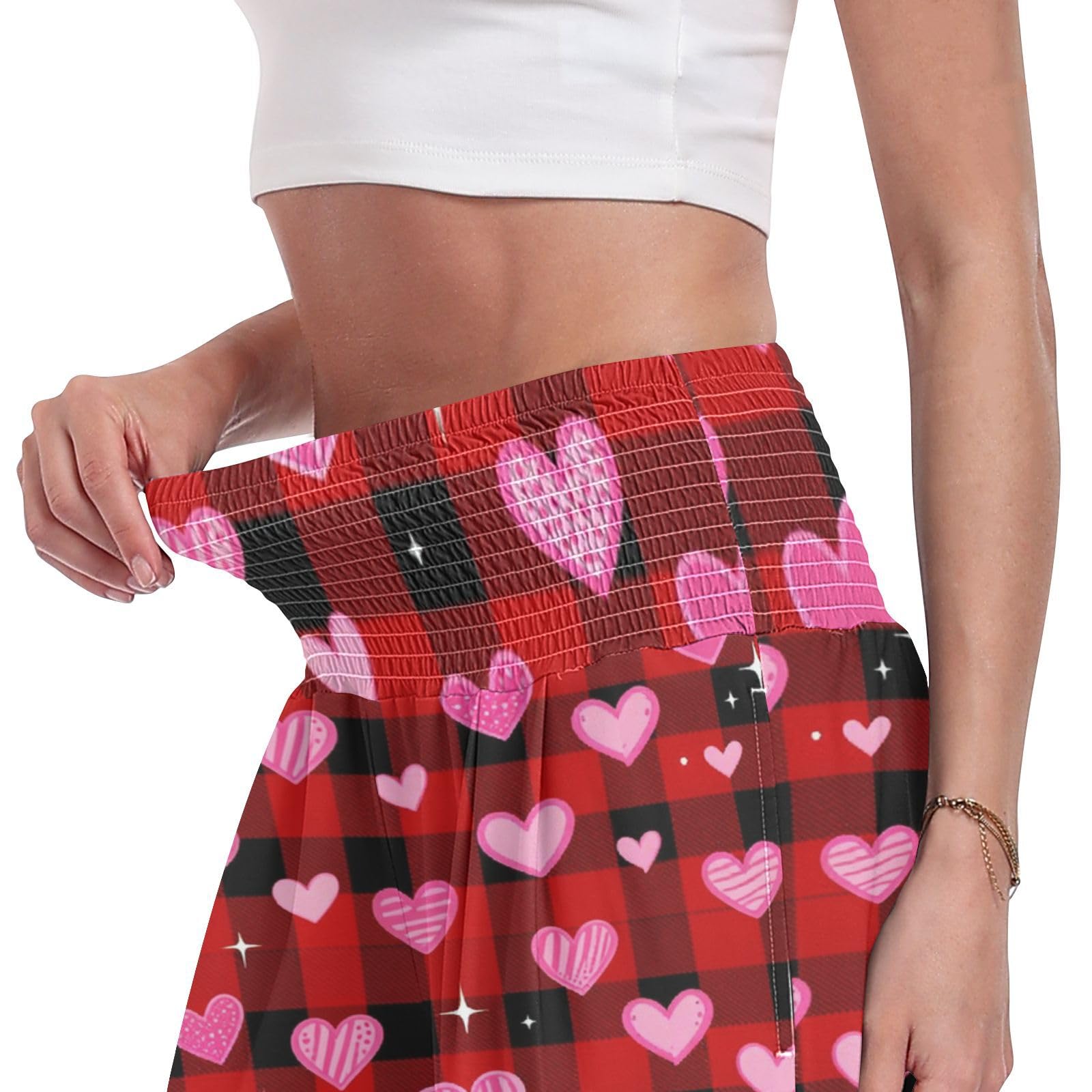 Pantalones de pierna ancha con corazones a cuadros para mujer, ligeros, con tacto modal