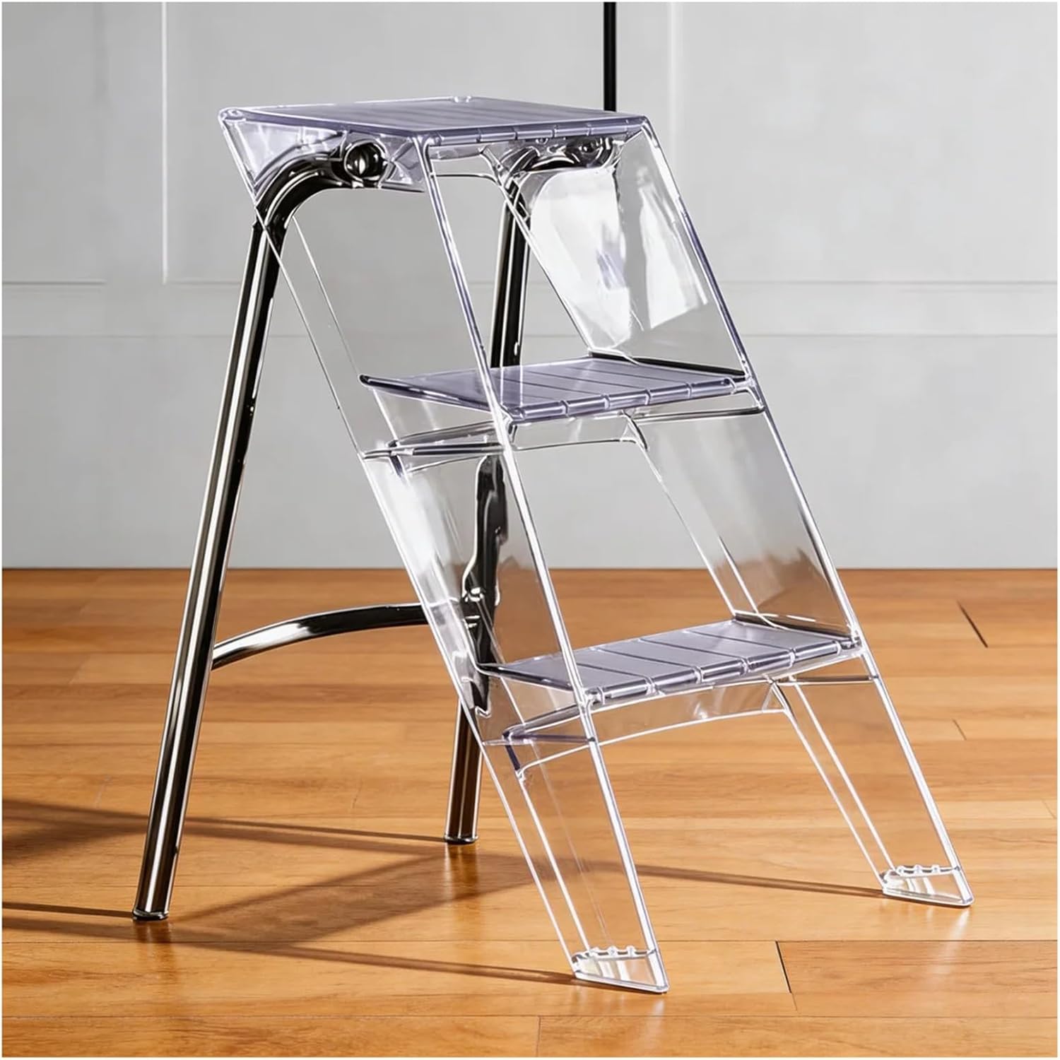 3-Step Clear Acrylic Folding Step Stool Display Stand/Shelf Portable Steps Ladder Non-Slip Textured Silver-Plated Frame L44xW52xH63cm No Assembly Required Load 330-lb