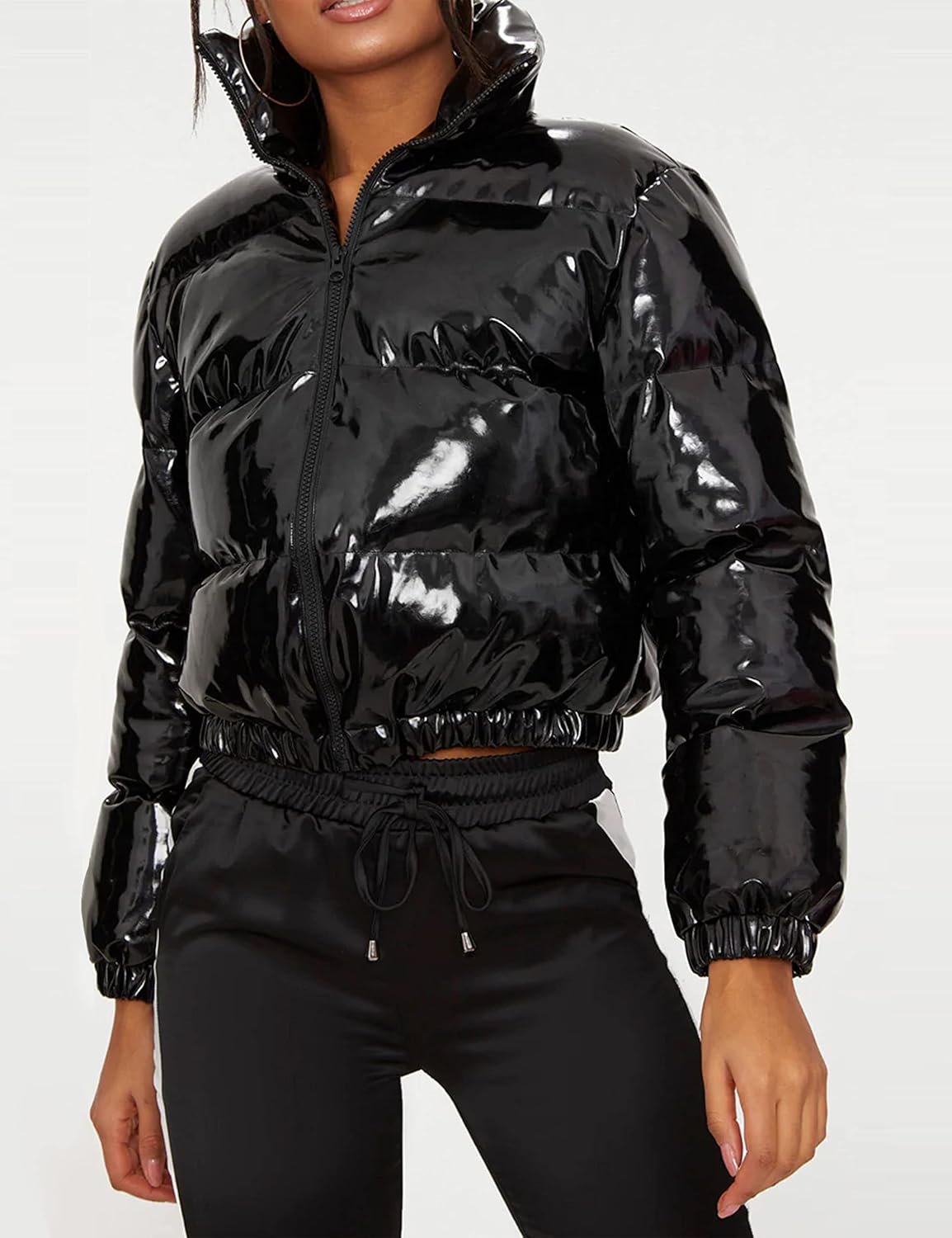 UANEO Women's Cropped Puffer Jacket Winter Shiny Zip Up Short Bubble Puffy Coats - Image 3