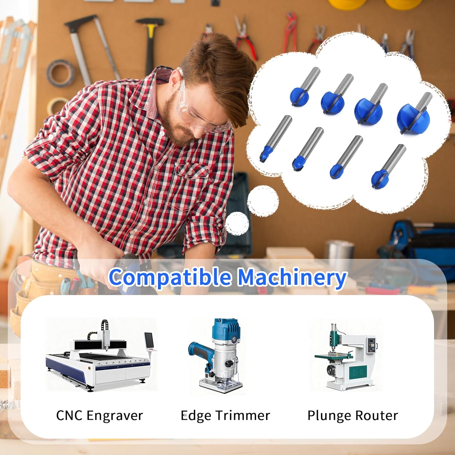 8Pcs Cove Box Router Bit Set 1/4 Inch Shank, Solid Carbide Double Flute Core Box Round Nose Router Bit-1/4 5/16" 3/8" 1/2" 5/8" 3/4" 7/8" 1" Cutting Diameter, for Half Round Grooves and Cove Cutting
