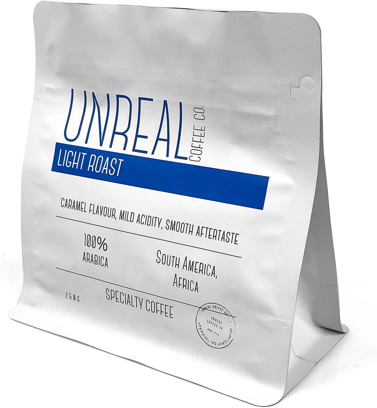 Unreal Coffee | 100% Arabica Light Roast | Specialty Blend Whole Beans | Caramel Notes & Mild Acidity | Freshly Roasted | 250g | Perfect for Pour Over & Drip