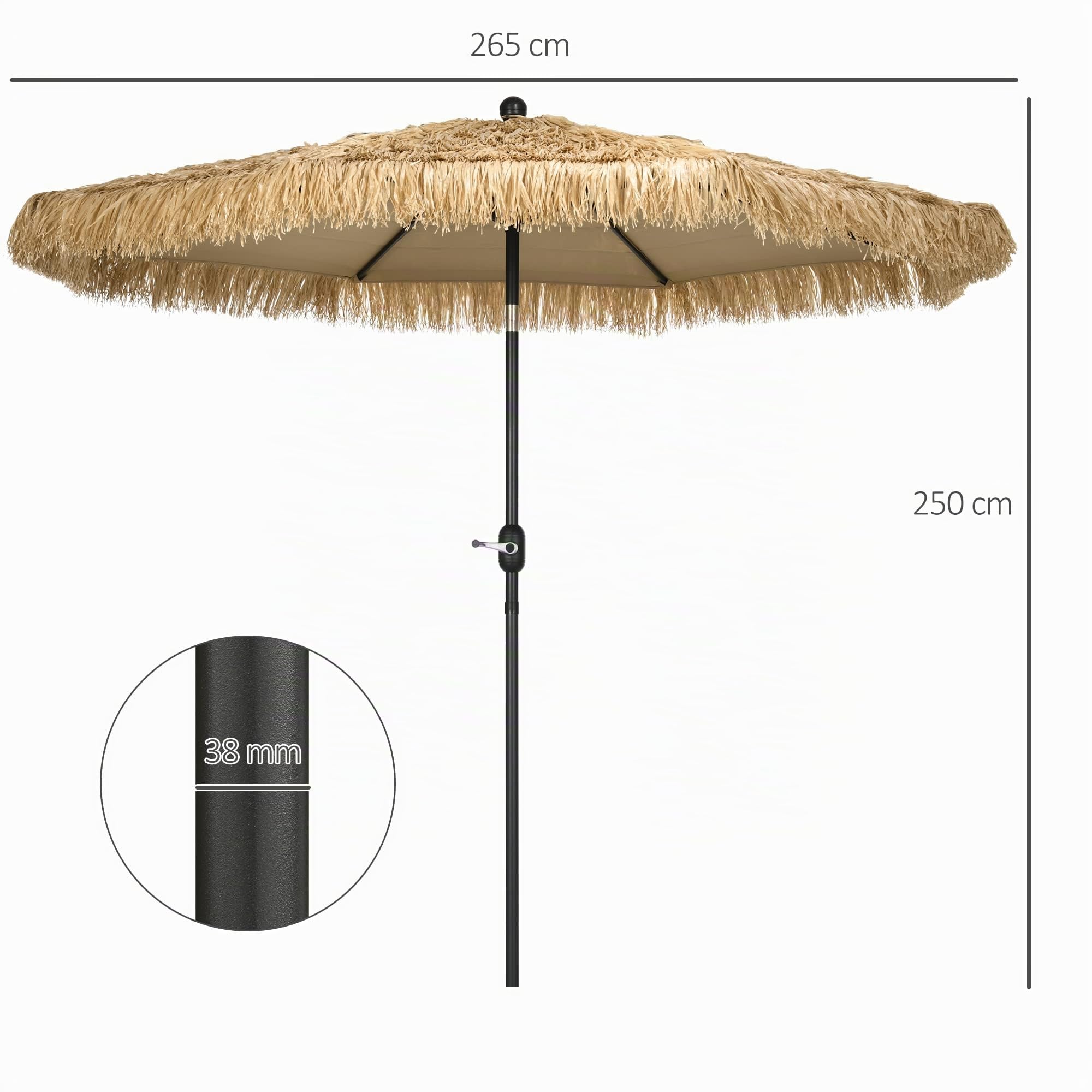 Outsunny Ombrellone da Giardino 2.6x2.6m Inclinabile con Manovella Cachi | Reclinabile, Ombrellone da Esterno Rotondo Hawaiano, 8 Stecche, Alluminio e Poliestere, per Cortile Balcone Terrazzo