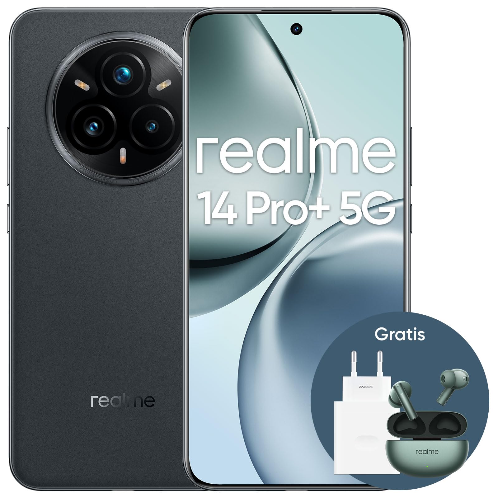 realme 14 Pro+ 5G 256GB 8GB Suede Grey + 120W Power Adapter+Air 6 Green