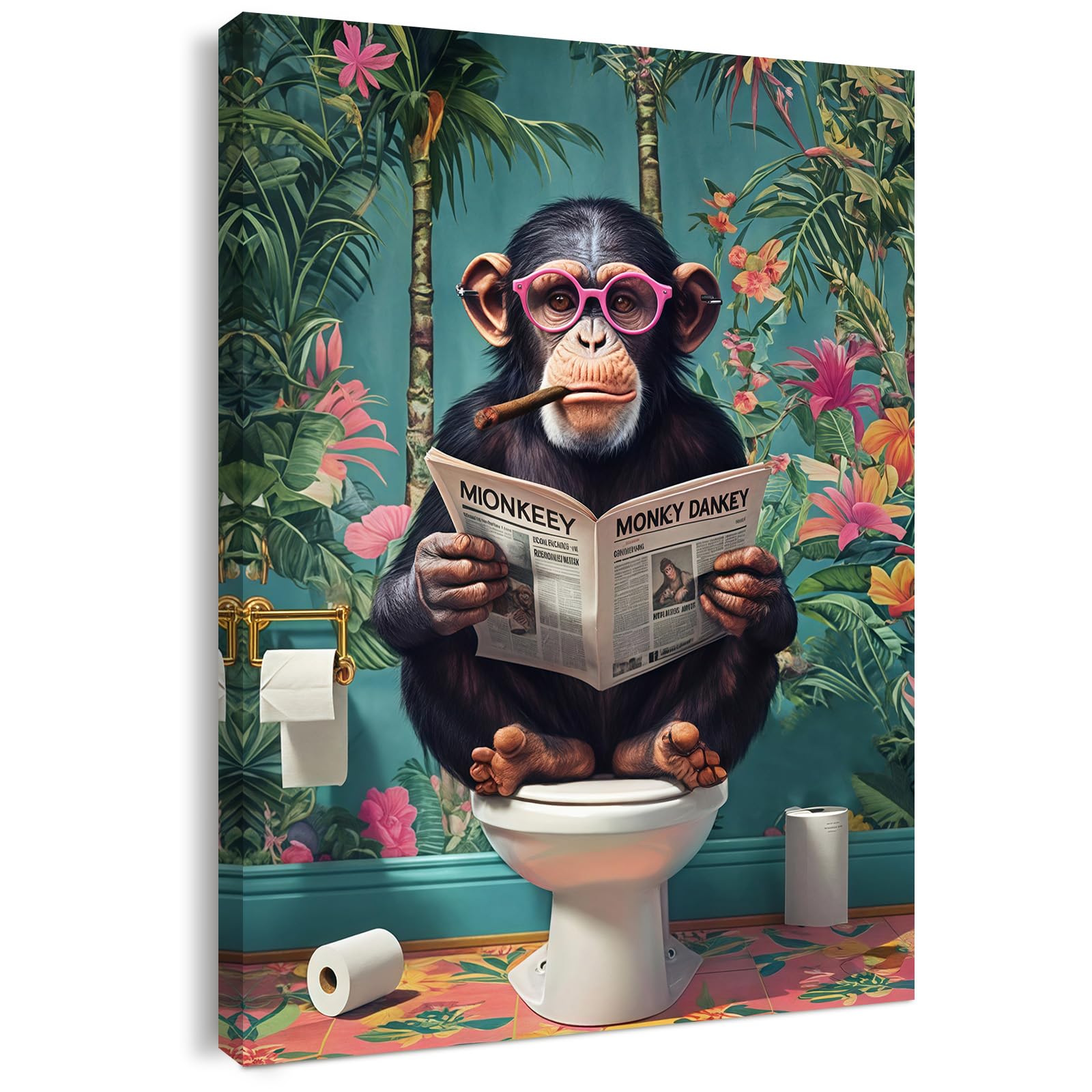 Qiukoo Funny Monkey Bathroom Wall Art – Waterproof Framed Canvas with Hanging Hooks, Toilet Wall Picture of Monkey Reading Newspaper, Humorous Bathroom or Toilet Decoration, 12 x 16 Inches