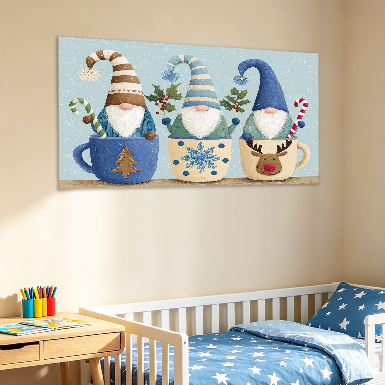Tableau Decoration Murale Salon, Decoration Maison Impression sur Toile Naturelle Gnomes de Noël, Décoration Fête Festive Decoration Murale pour Bureau Salle Chambre 120L x 60W cm
