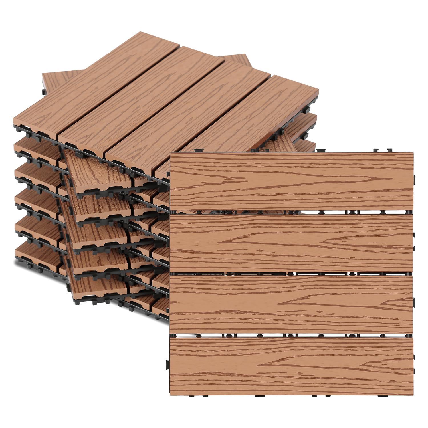 Płytki tarasowe WPC, płytki na klik, na taras i płytki balkonowe 30 x 30 cm, brązowe, 77 sztuk (7 m²). Wygląd desek tarasowych z drenażem jako trwała wykładzina podłogowa.