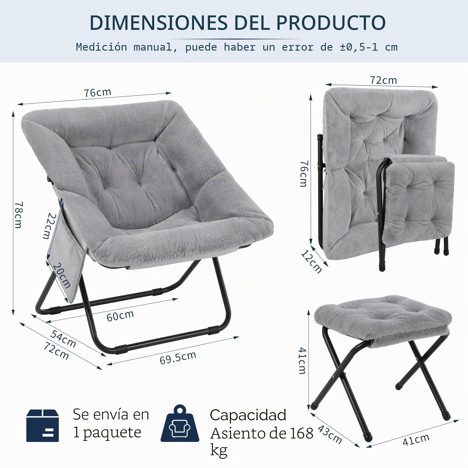Clevich Sillón de relax con taburete, 72 x 76 x 78 cm, para adolescentes y adultos, escandinavo, tejido de piel sintética de poliéster, con bolsillo lateral y estructura de metal estable, plegable