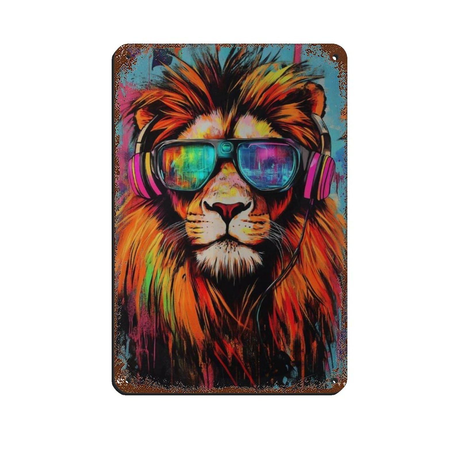 Lxwnze 20L X 30W Cm Vibrant Lion, Cool Lion With Glasses Tin Sign Vintage Metal Pub Club Cafe Bar Home Wall Art Decoration Poster Retro 8X12inch(20X30cm)