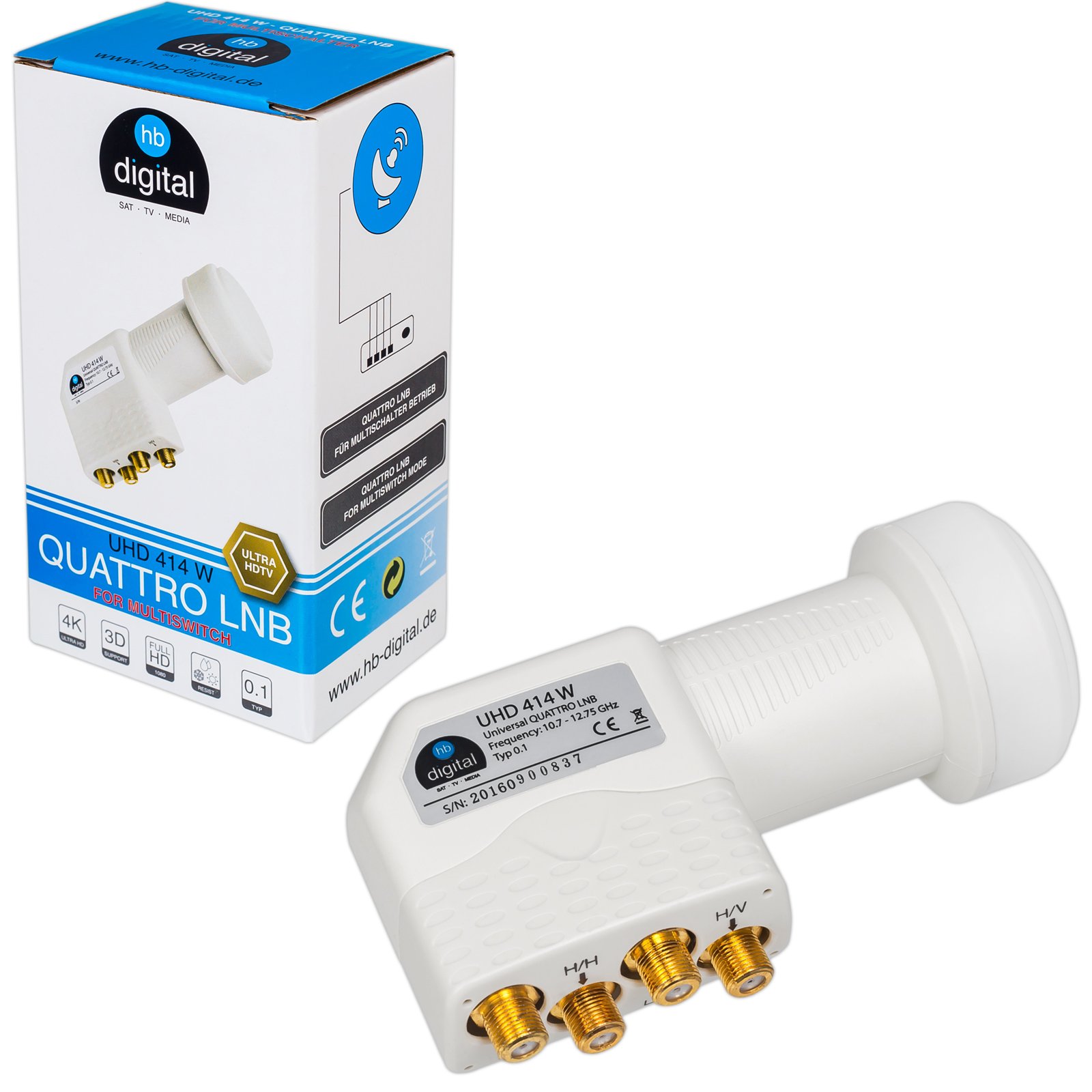 UHD LNB Quattro + commutateur Multiple PMSE HB-Digital pour Full HDTV 3D 4 K UHD avec Bloc d'alimentation + plaqués Or Fiches F gratuites